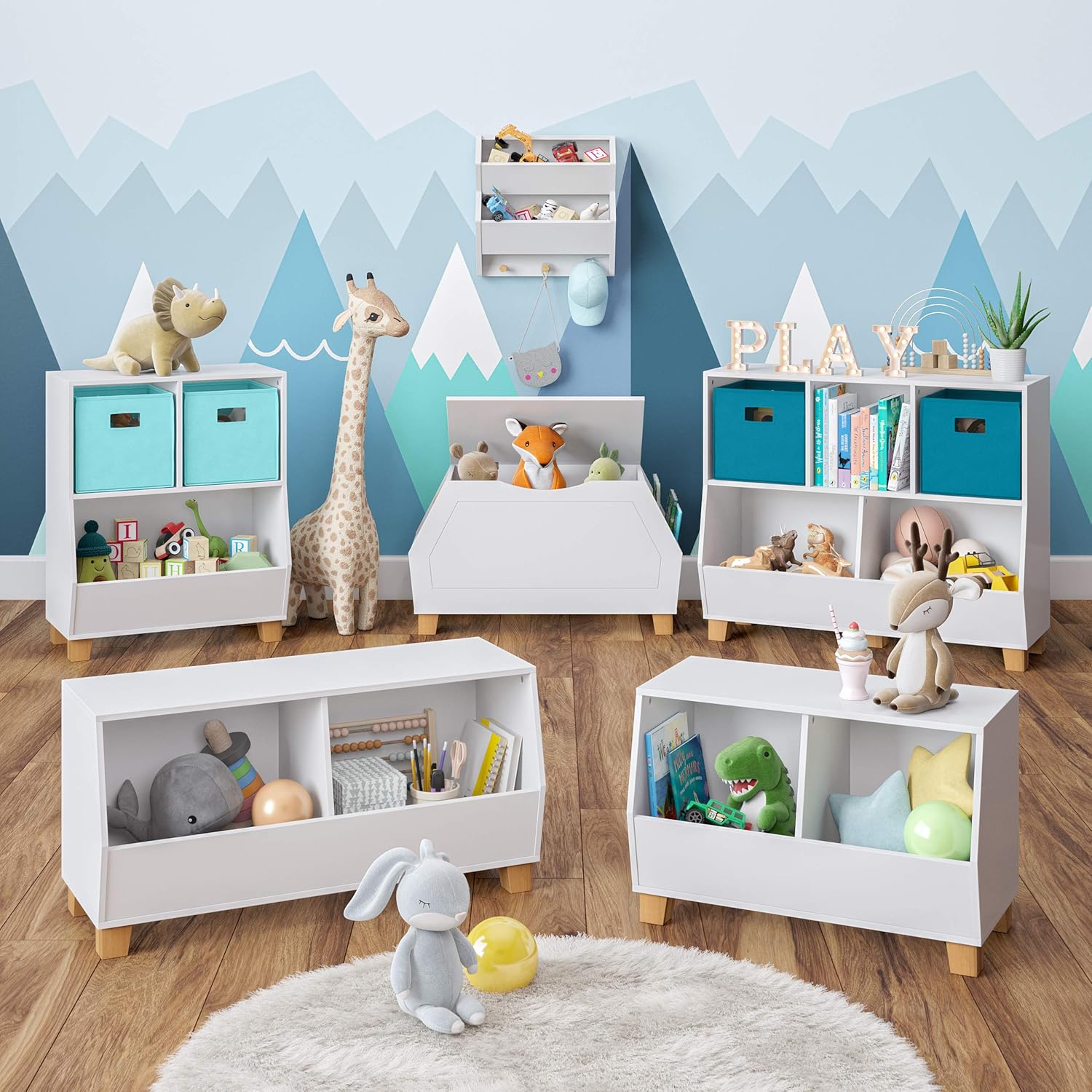 White Adjustable Kids Toy Organizer with Cubes and Storage Bin