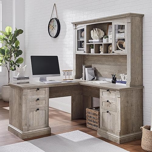 OKD 60" L Shaped Executive Desk with Hutch and Drawers,