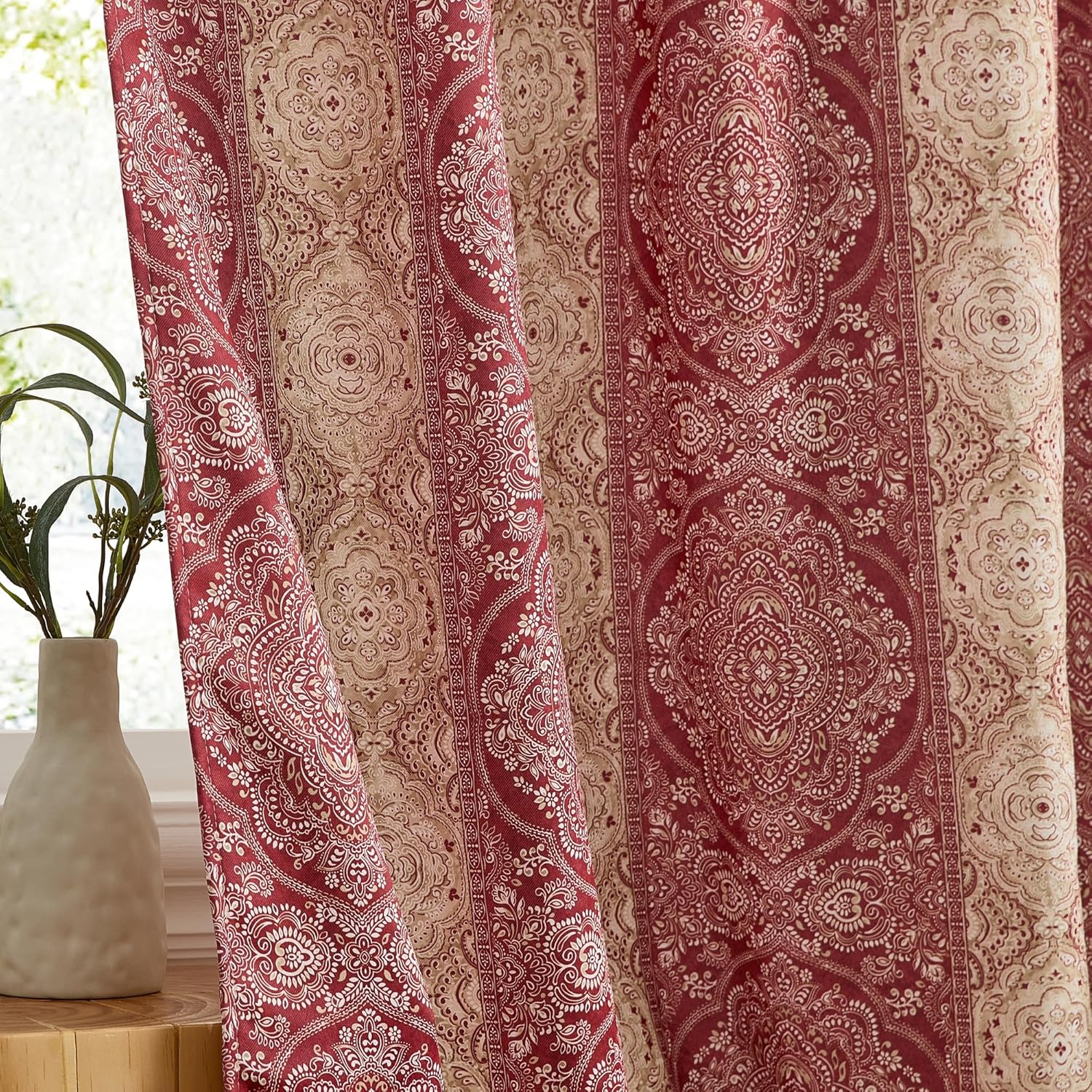 HLC.ME William Boho Damask Striped Patterned Window Back Tab Rod Pocket Print Curtains Bedroom - Light Blocking Darkening Window Panels, Set of 2 (Rust Orange, 52 W x 84 L)