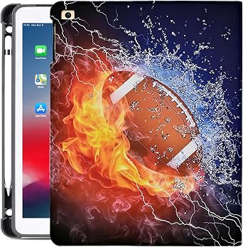 Case for iPad 5th / 6th Generation 2018/2017, 9.7 iPad Air 1th/2, Lightweight PU Leather Folio Multi-Angle Viewing Stand TPU Cover with Auto Wake/Sleep, American Football Fire Water