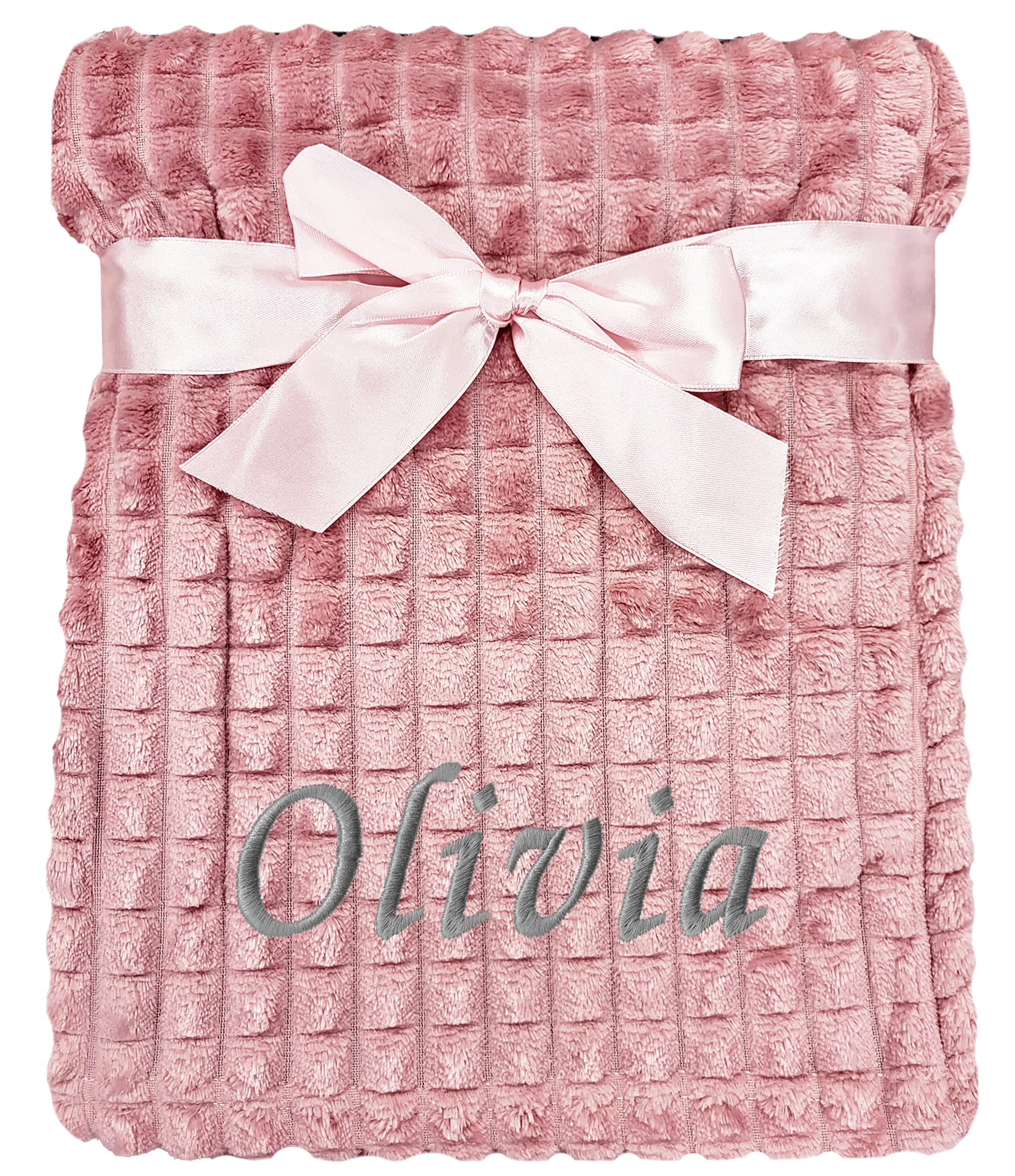 Baby Boy Girl Personalised Blanket Embroidered Name (Dusky Pink Squares)