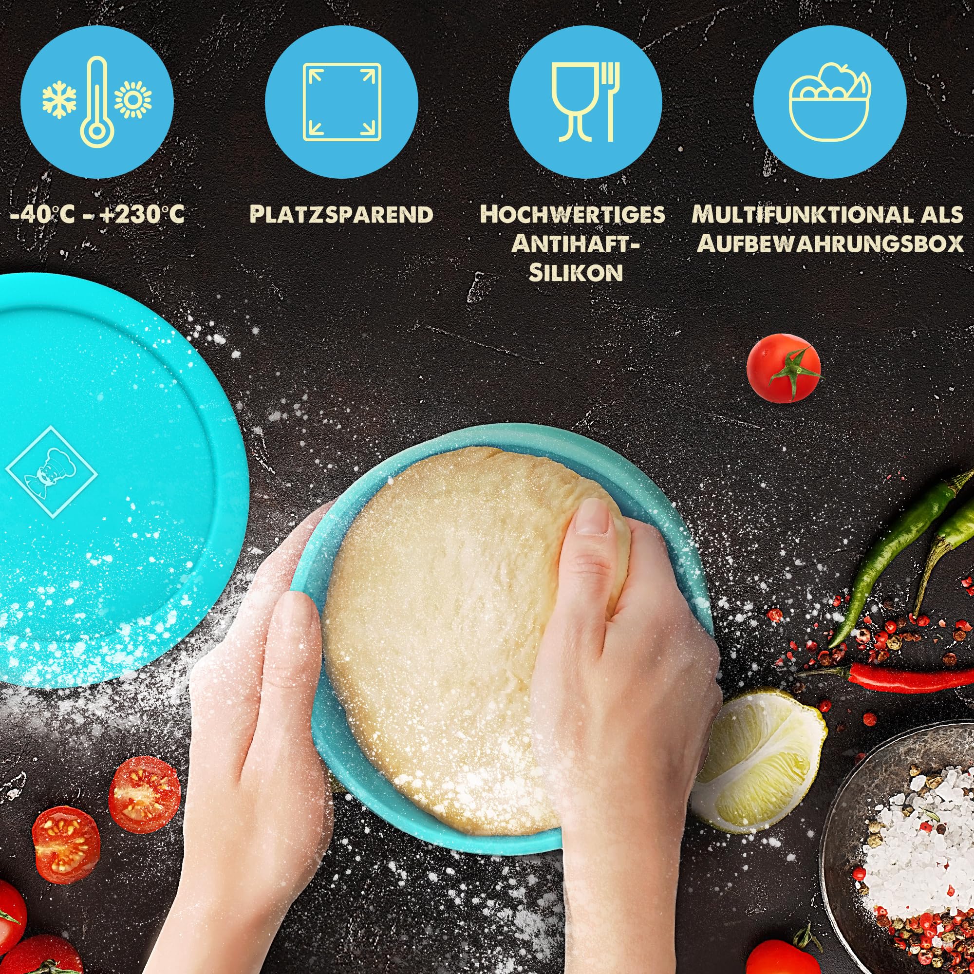 Pizzaballenbox mit Deckel 2er Set - Pizzateig Box aus antihaftendem Silikon - Pizzateig platzsparend gären - Gärbox - Pizza Zubehör
