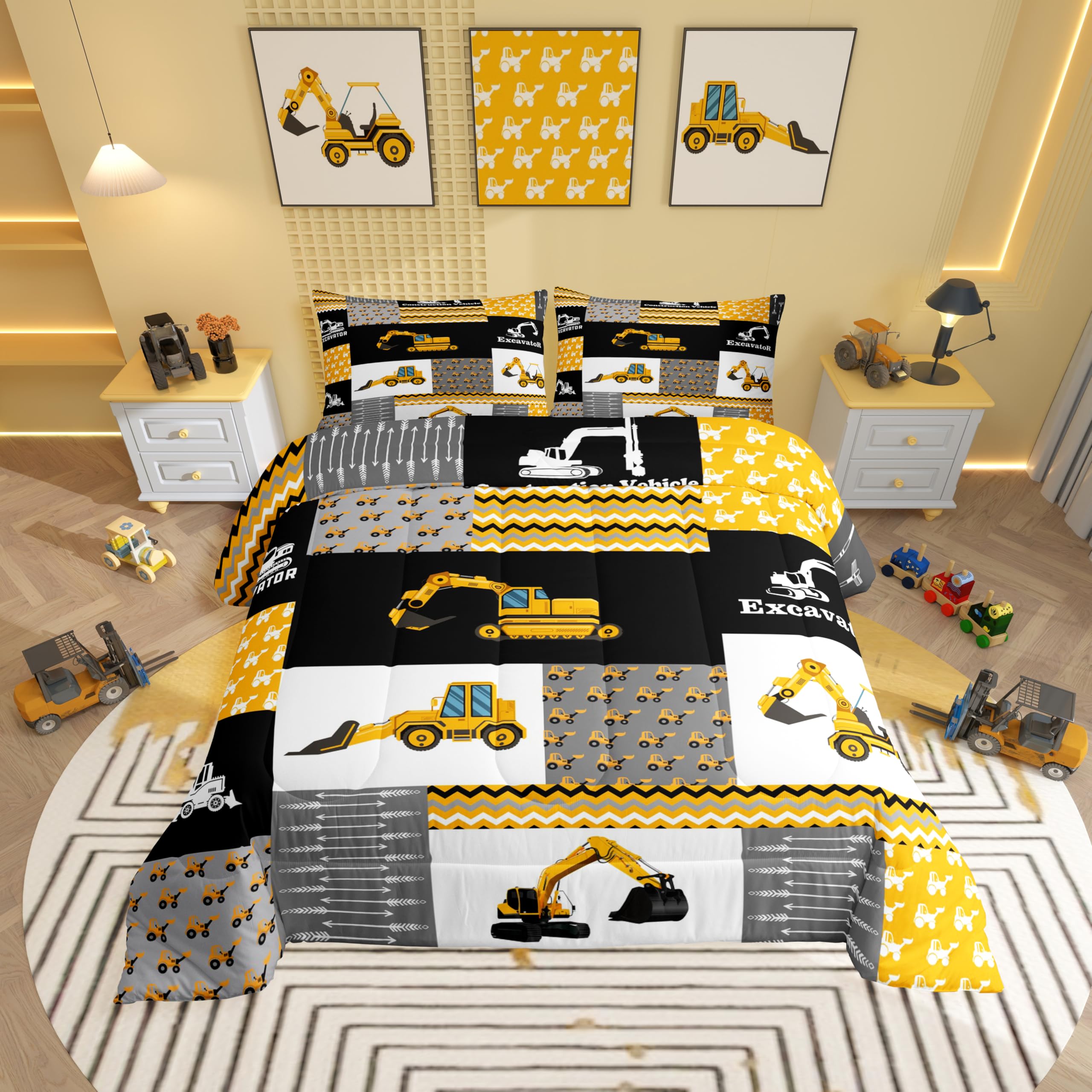 Excavator Comforter Construction Vehicles Comforter Set Equipment Trucks Bedding Set for Children Kids Boys Girls Cartoon Car Duvet Set Geometric Lattice Room Decor Quilt Set Twin Size