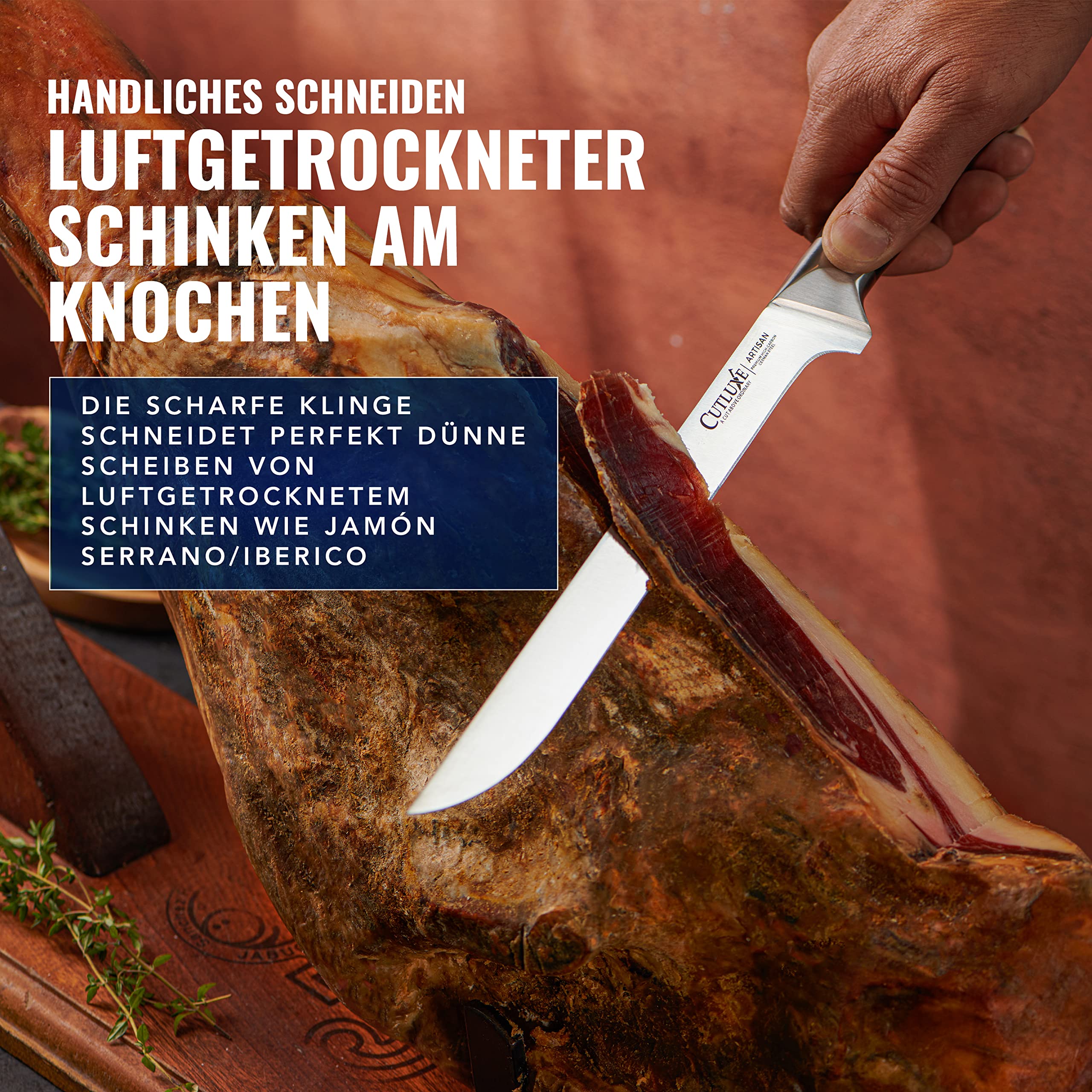 Cutluxe Schinkenmesser - 25cm Tranchiermesser für Fleisch und BBQ - Scharfes Messer aus deutschem Stahl - Volltang und ergonomisches Griffdesign - Artisan Serie