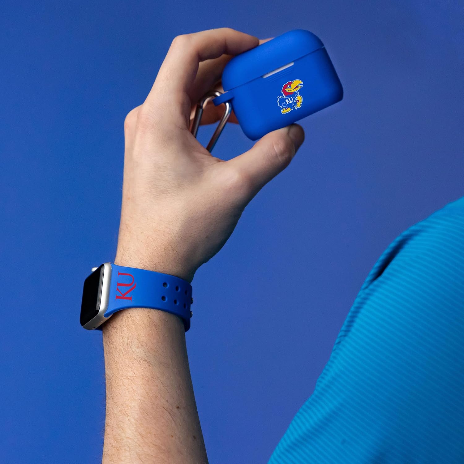 AFFINITY BANDS Kansas Jayhawks Silicone Sport Band and Case Cover Combo Package Compatible with Apple Watch and AirPods Pro (38/40/41mm (42mm Series 11) Blue)