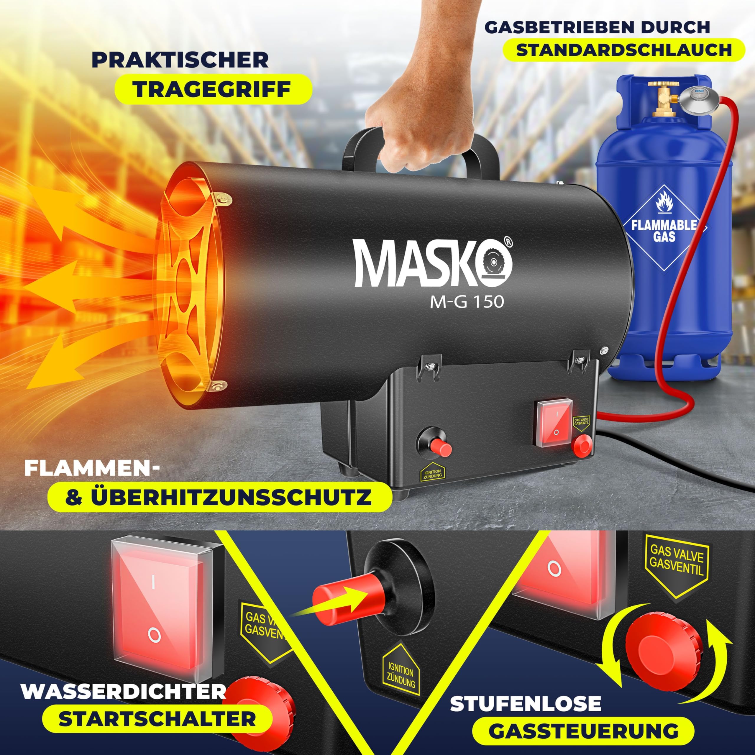 Masko Calentador de gas Calentador de gas Cañón de calor Calefacción Radiante de gas Calefacción de gas Calefacción Radiante Generador de aire caliente, Negro, 15 KW
