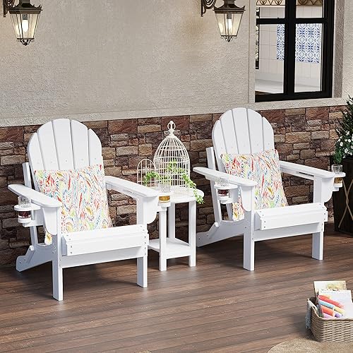 Miniatura 4 de Sundale Outdoor Silla Adirondack plegable de plástico para todo tipo de clima con 2 portavasos ocultos y 1 elegante cojínalmohada, perfecta para