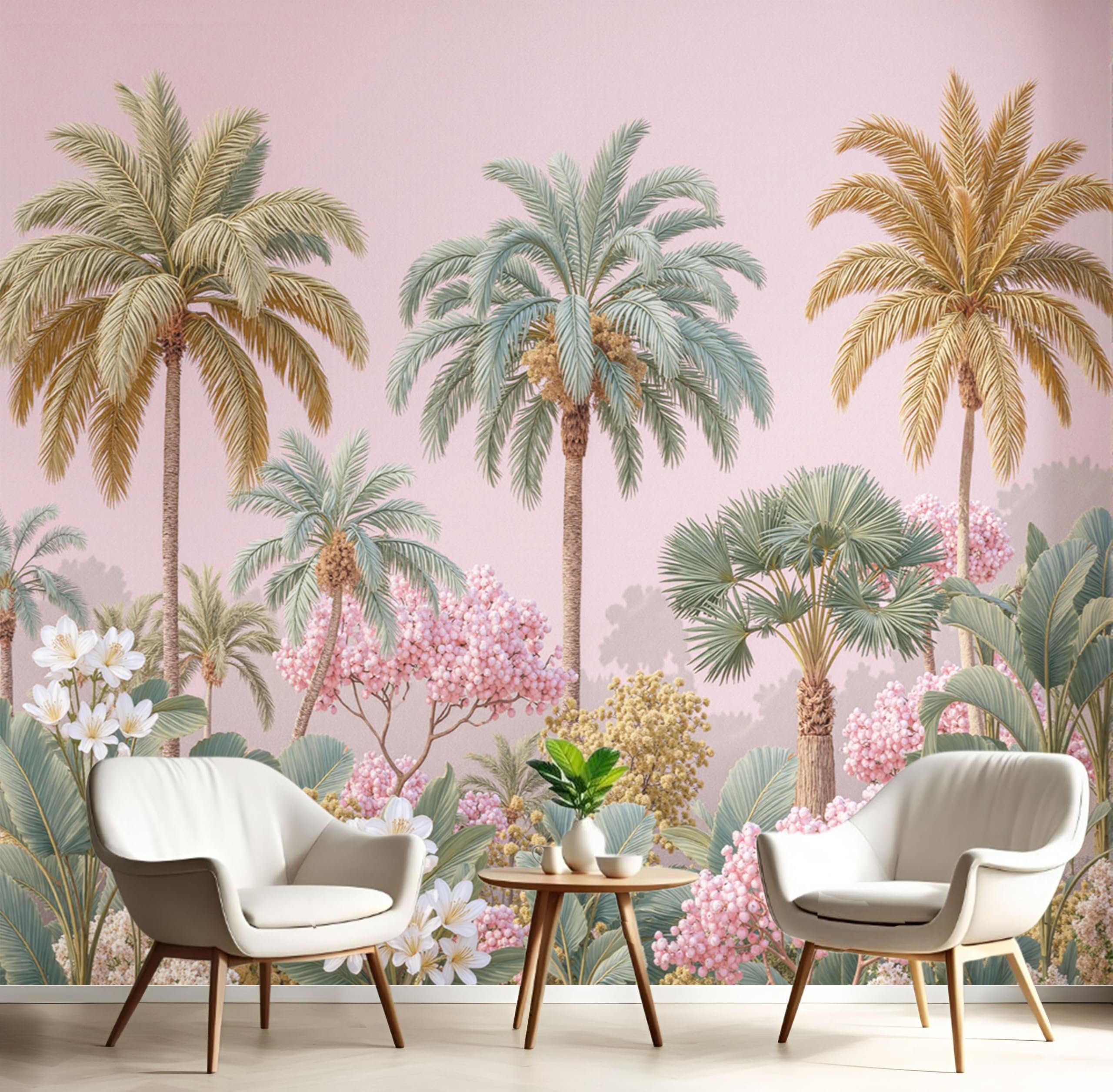 Papier peint panoramique soie rose floral palmier pour grand revetement mural de salon 300x210cm