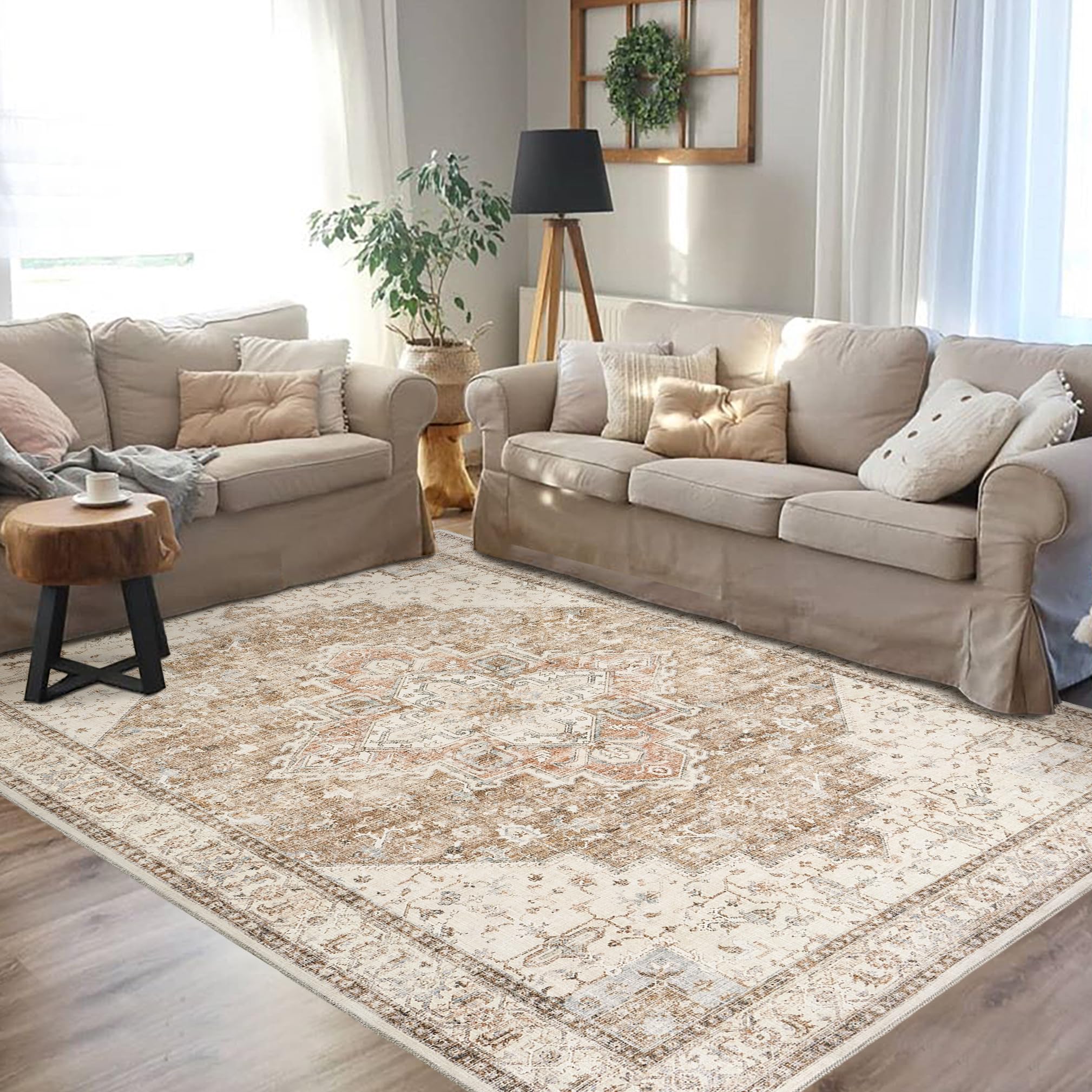 Modern Farmhouse Area Rugs 8x10 Living Room Dining Room Under Table Easy to Clean Earth Tone Country Rustic Persian Neutral Rug,Light Tan Brown and Beige with Rust Terracotta Pattern