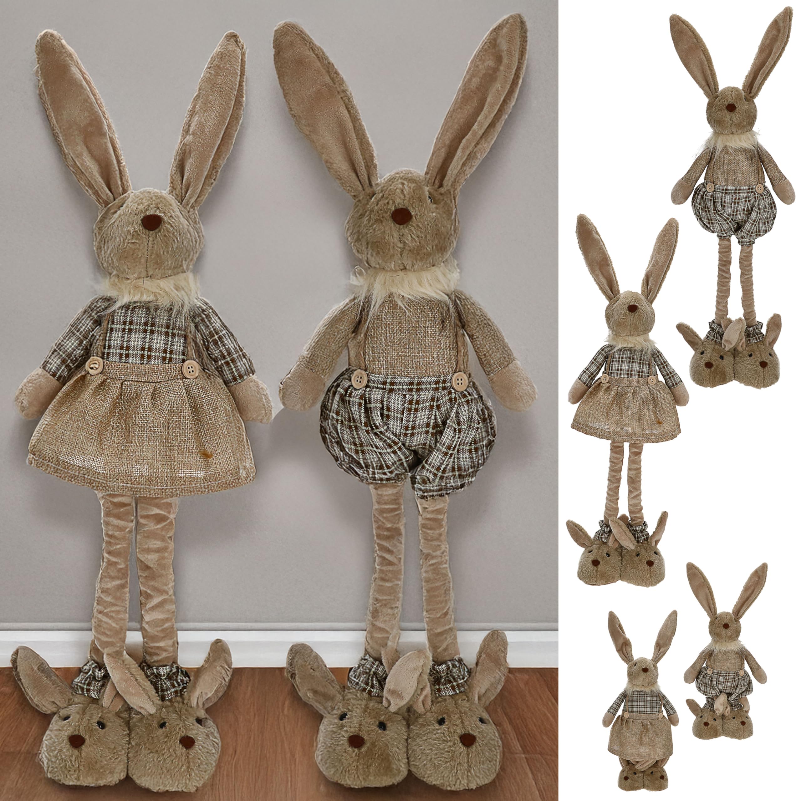 Cepewa Osterhasenpaar mit Teleskopbeinen | max. H115cm Polyester Brauntöne Metallbeine | Frau und Mann mit Hasenschuhen