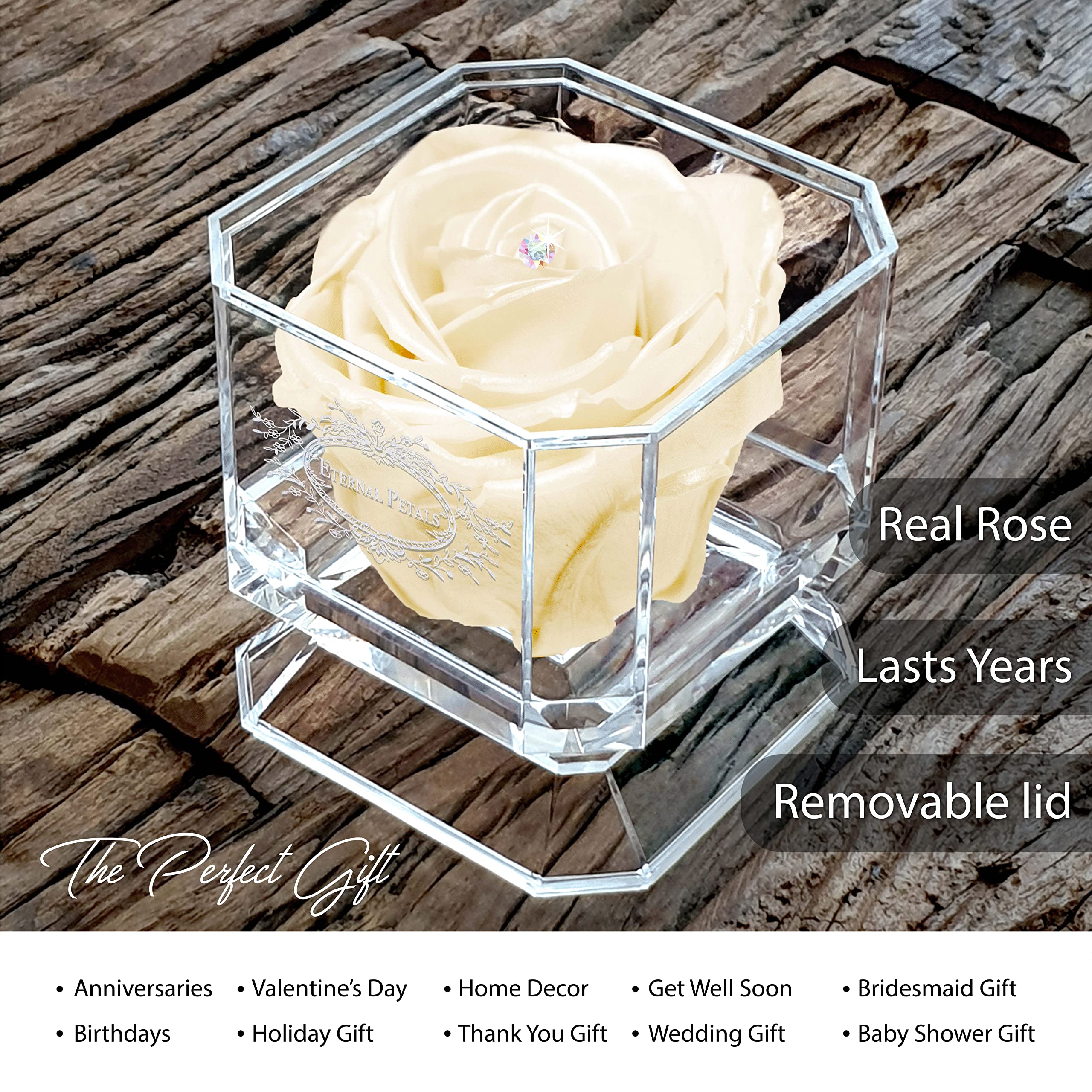 A 100% Real Rose That Lasts Years - Eternal Petals, Handmade in London - White Gold Solo with A Multicolor Crystal (Deep Red) — view 2