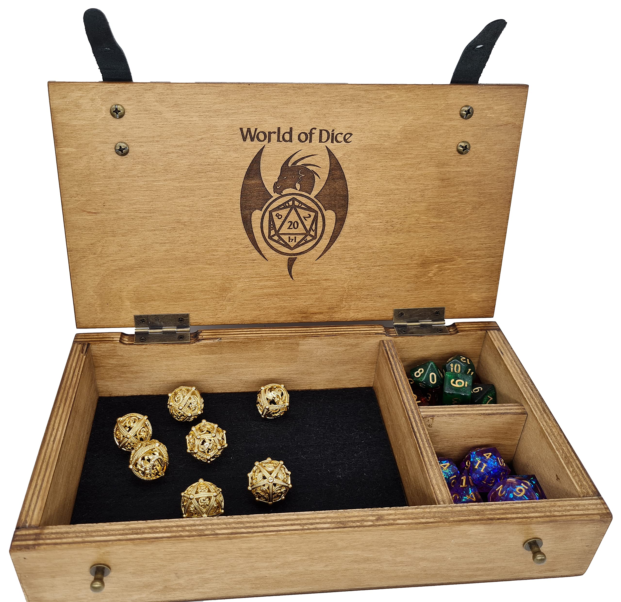 World of Dice - Würfeltruhe aus Holz Dice Sword - für bis zu 150 Pen & Paper Würfel, mit Würfelteller, ideal für Dungeons and Dragons (D&D) (XXL-Rechteckig)