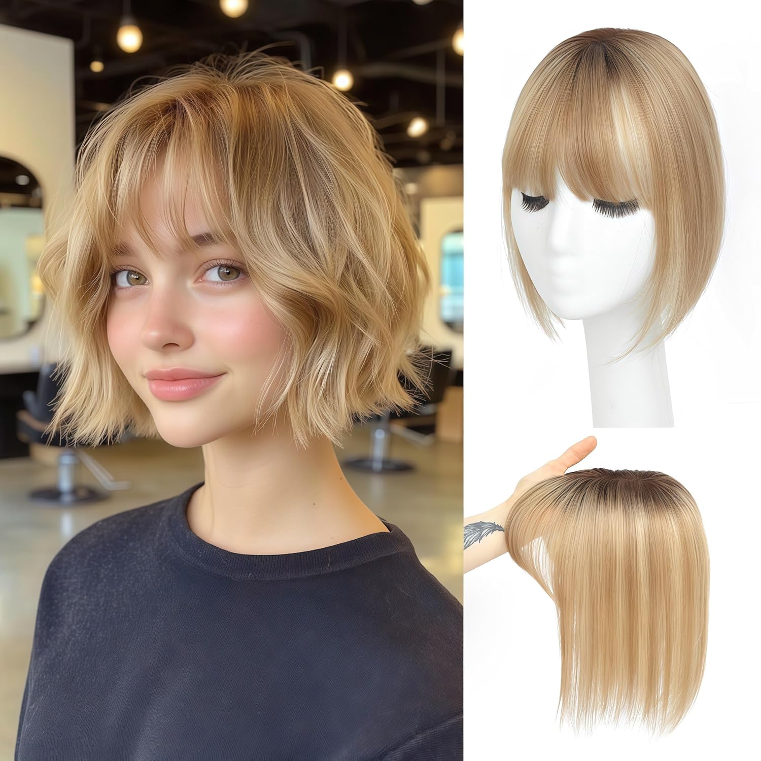Hair Toppers for Women Real Human Hair Topper for Women with Bangs Hairpieces 10 Inch Swiss Base 3D 360° Cover for Daily Wear (Medium Brown to Blond)