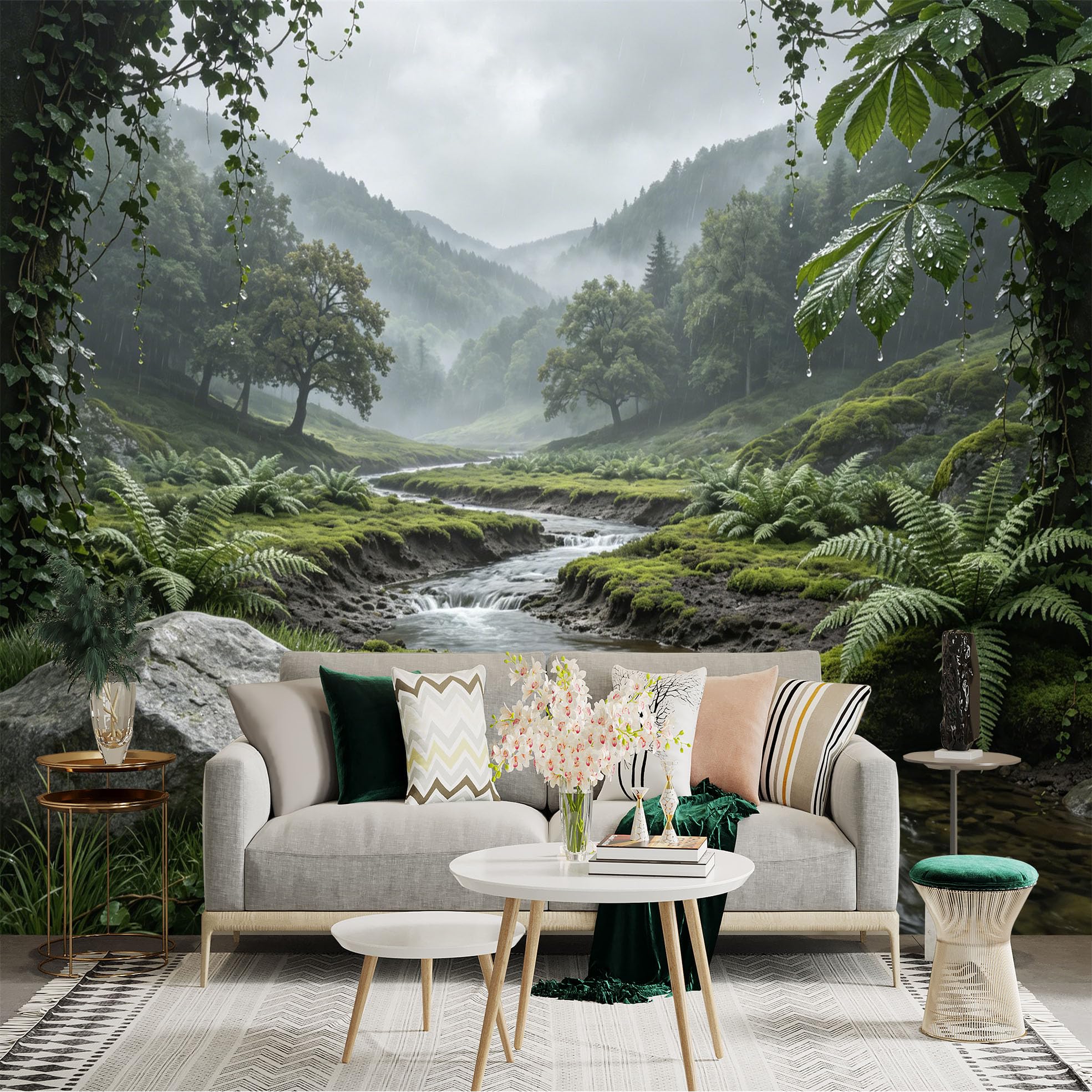 Custom Size Wall Sticker Mural， Misty Forest Valley with River， Ferns and Green Hills， for wall Decoration， peelandstick wall Decals.