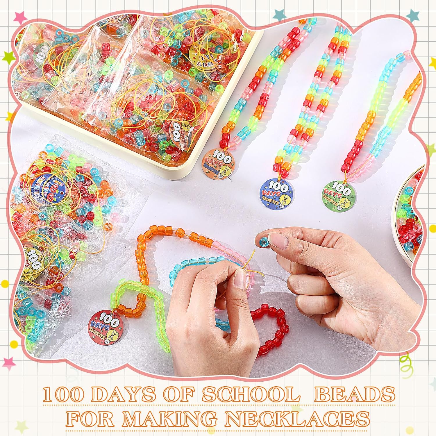 Ecation 24 Pack 100th Day of School Crafts Beads, DIY Necklace Making Kit 5 Assorted Color Beads for Jewelry Making with Printed 100 Days Card Bead Necklace Kit for Fine Motor Activities Art Craft