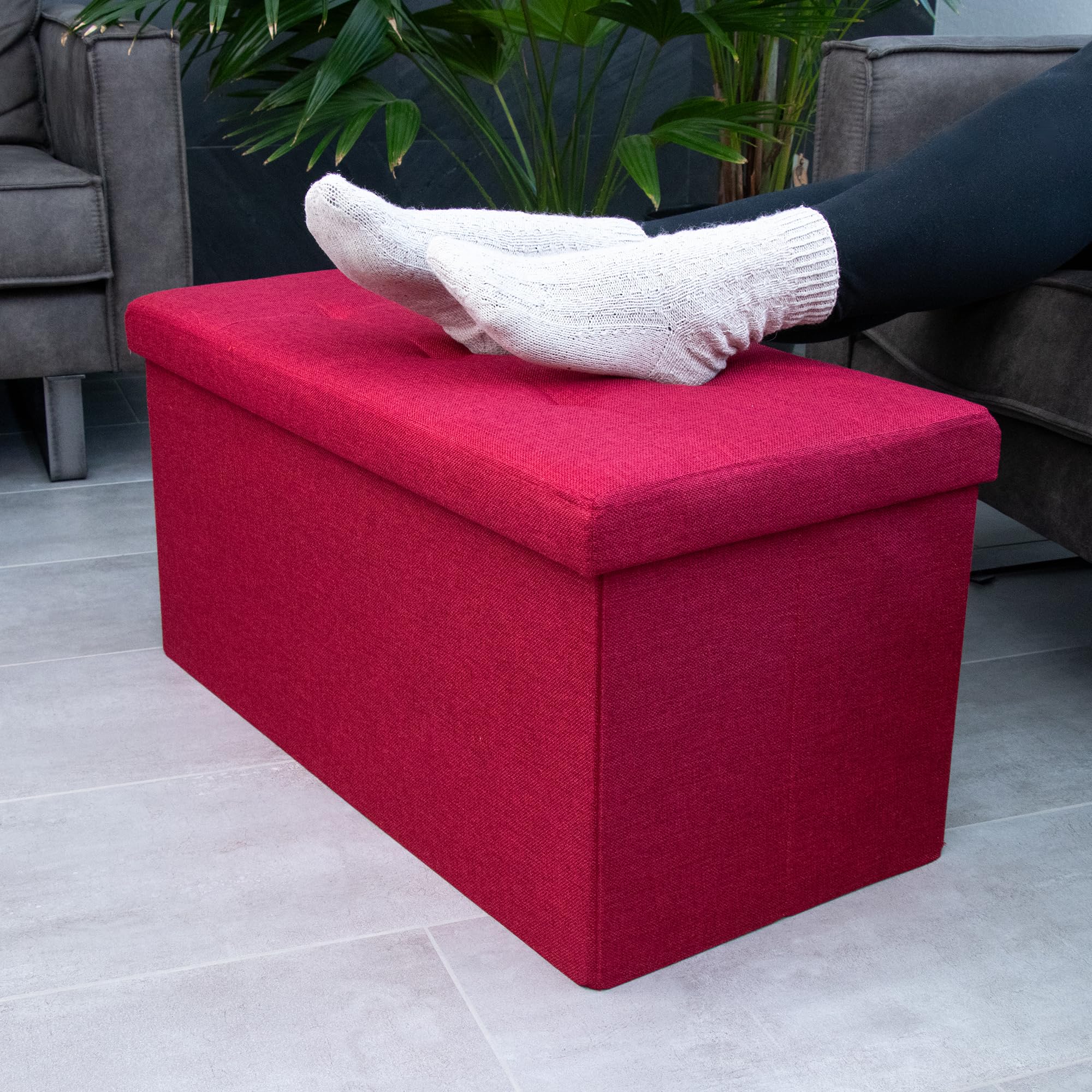INTIRILIFE Banco Plegable 76x38x38 cm en Rojo - Cubo Con Tapa y Espacio de Almacenamiento de Tela Con Huecos - Asiento Reposapiés Plegable Caja de Almacenamiento Cofre Taburete