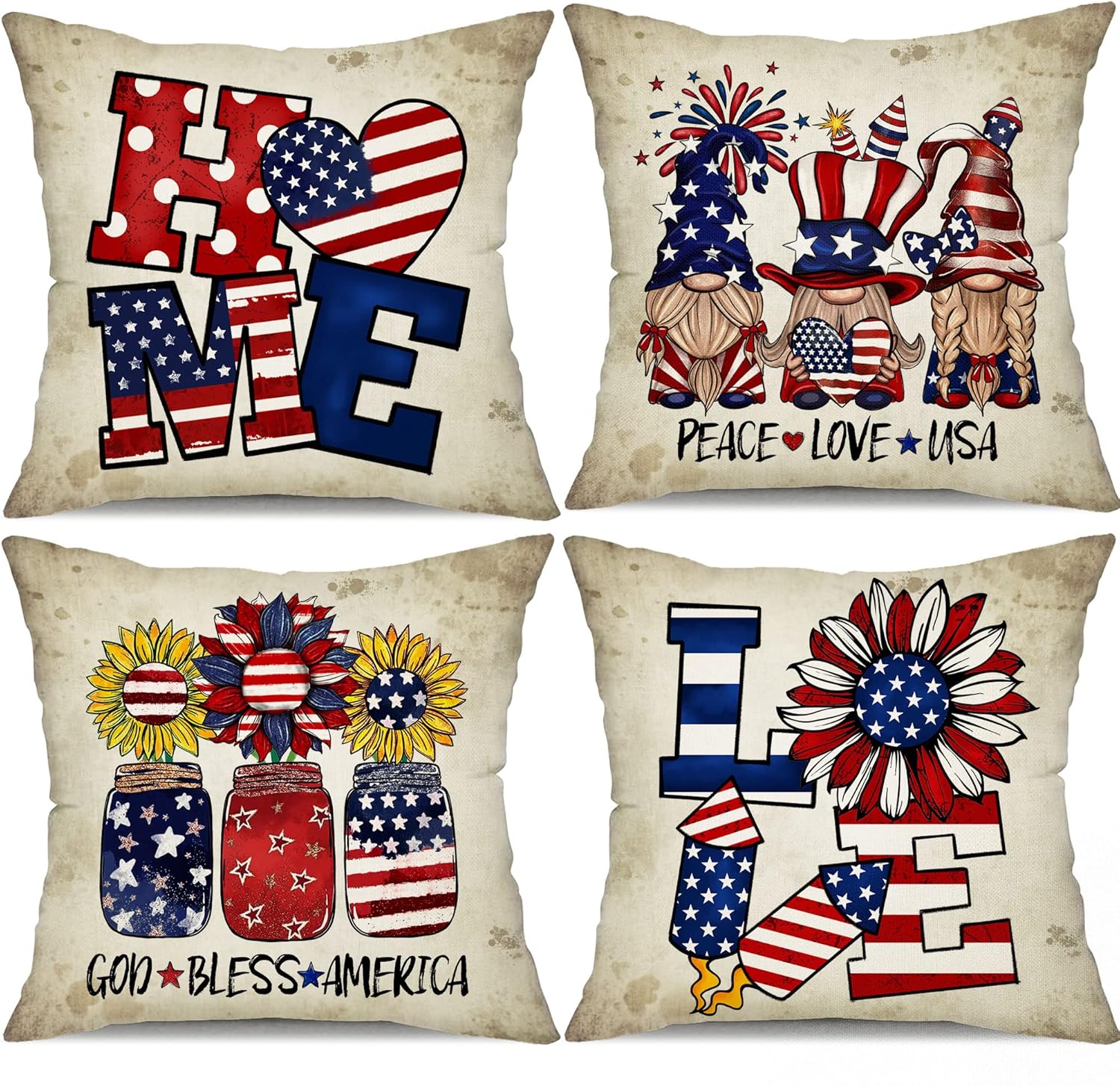 DFXSZ 4th of July Pillow Covers 18x18 inch Set of 4 Retro