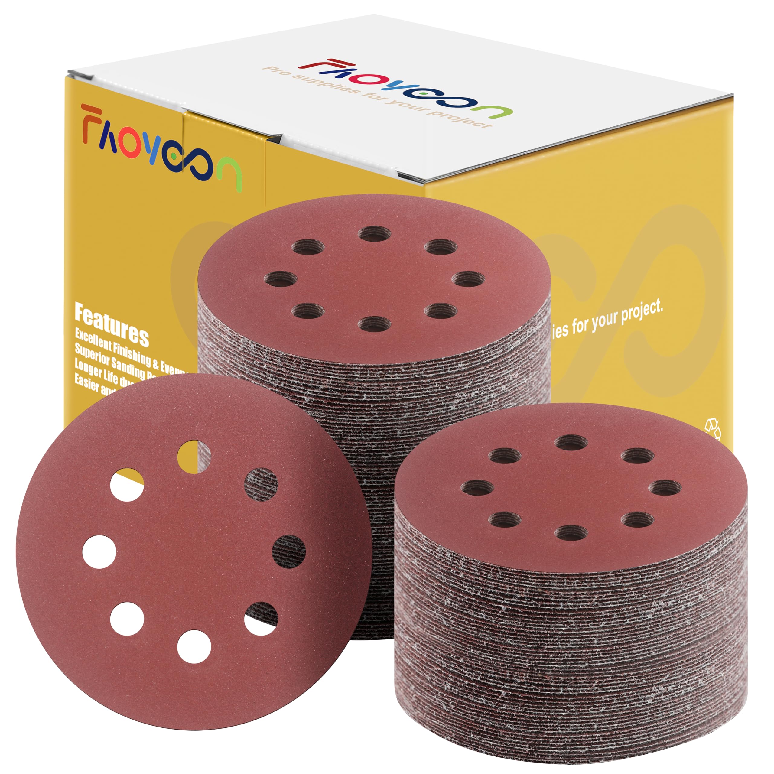 Faoyoon Sanding Disc 5 Inch 8 Hole, 100 Pcs Orbital Sanding Discs Hook and Loop, Sandpaper for polishing and Grinding, 400 Grit Sand Paper for Random