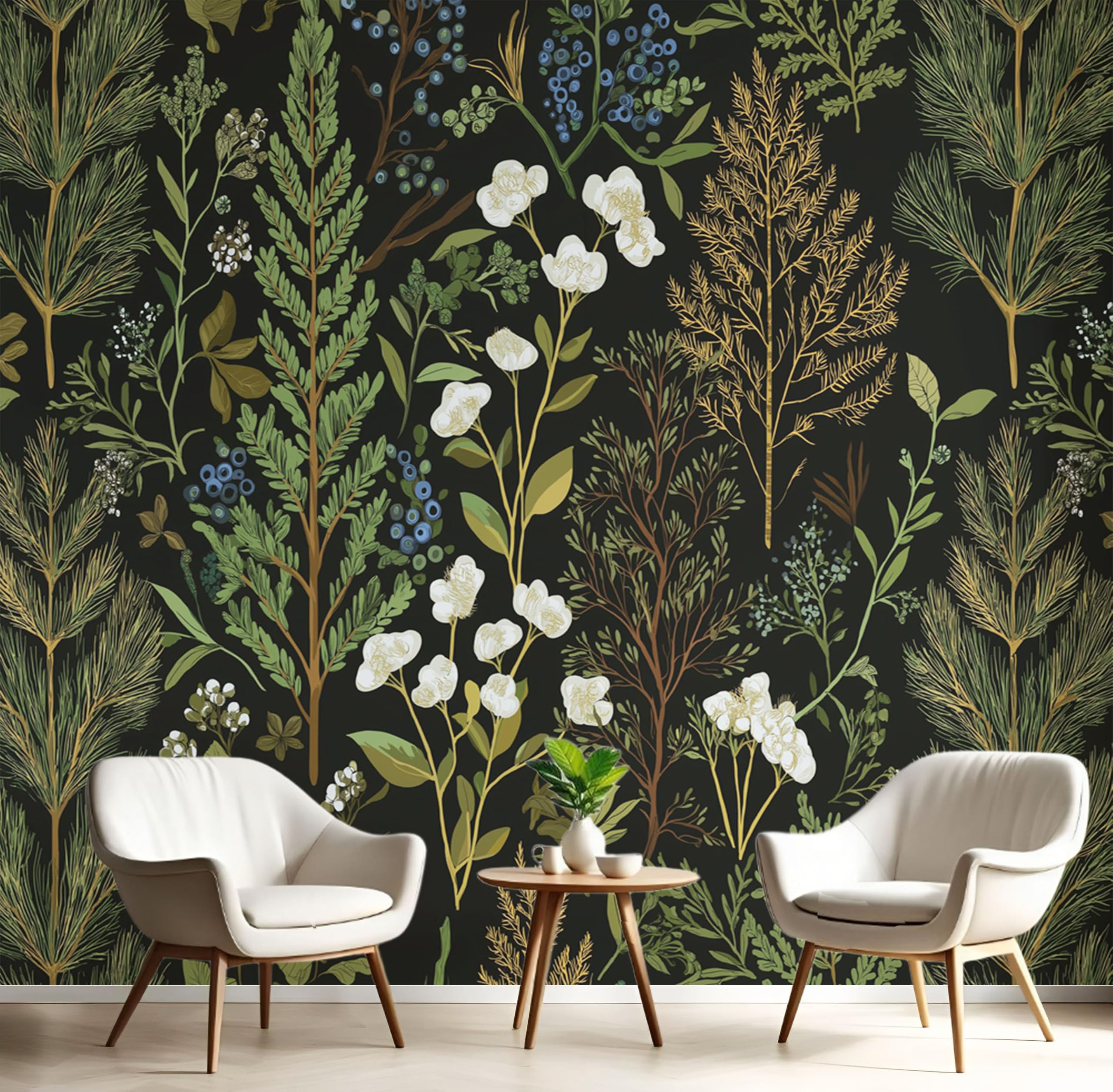 Papier peint forêt de baies vintage 350x256cm, l'élégance olive pour votre salon