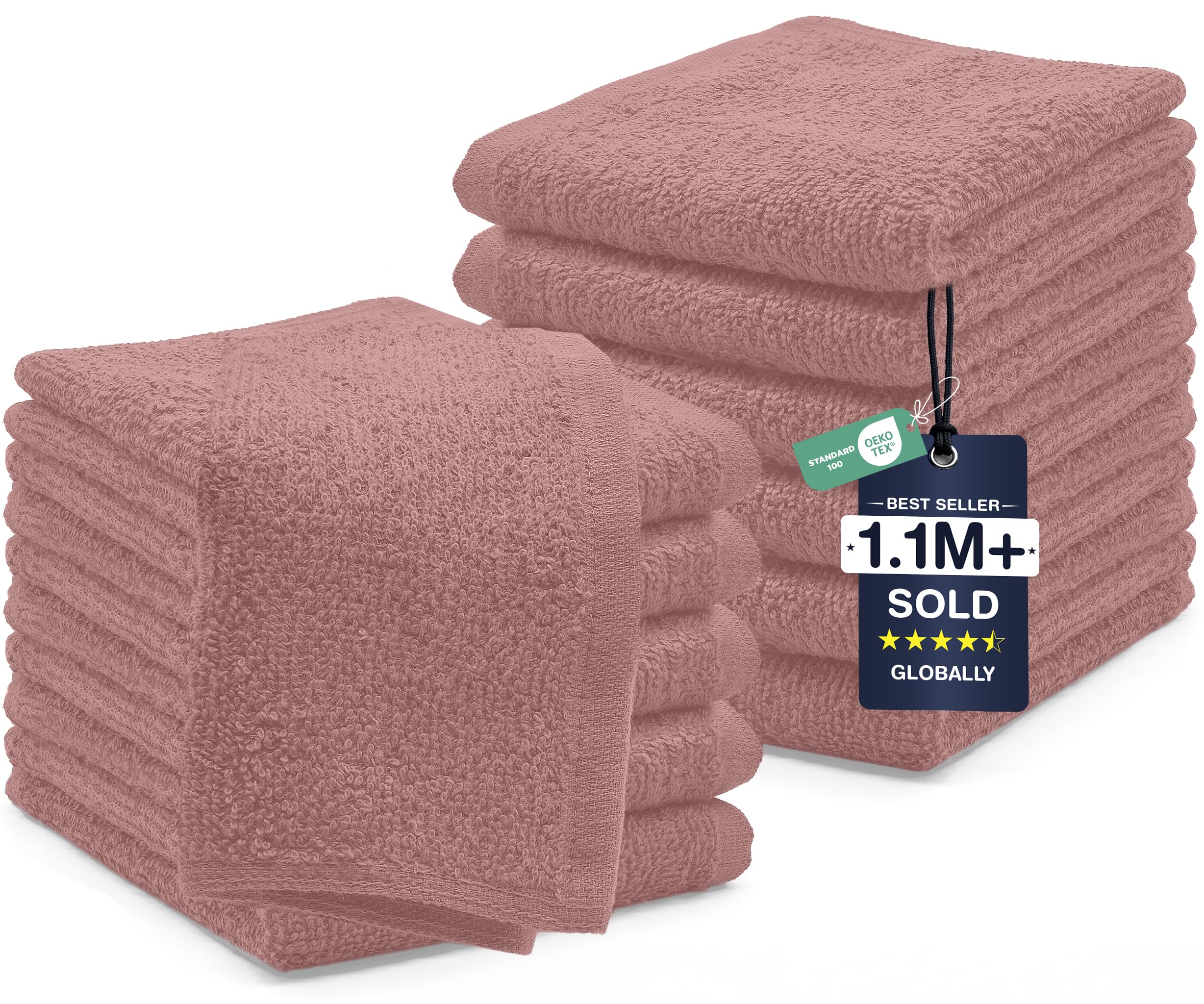 DAN RIVER 12 Pack Cotton Wash Cloths Set for Showering [12x12] Dusty Pink