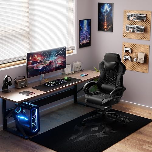 Miniatura 2 de POWERSTONE Silla de videojuegos con reposapiés y soporte lumbar, estilo carreras, piel sintética, ergonómica, ajustable, giratoria, color negro