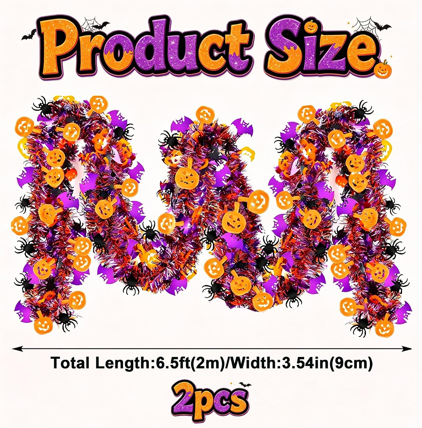 6.5Ft Halloween Tinsel Garland, 2 Pack Orange Purple Pumpkin Spider Bat Metallic Streamers, 3.54 Inch Wide Halloween Decorations Tinsel for Party Indoor Outdoor Door Mantle Wall Decor