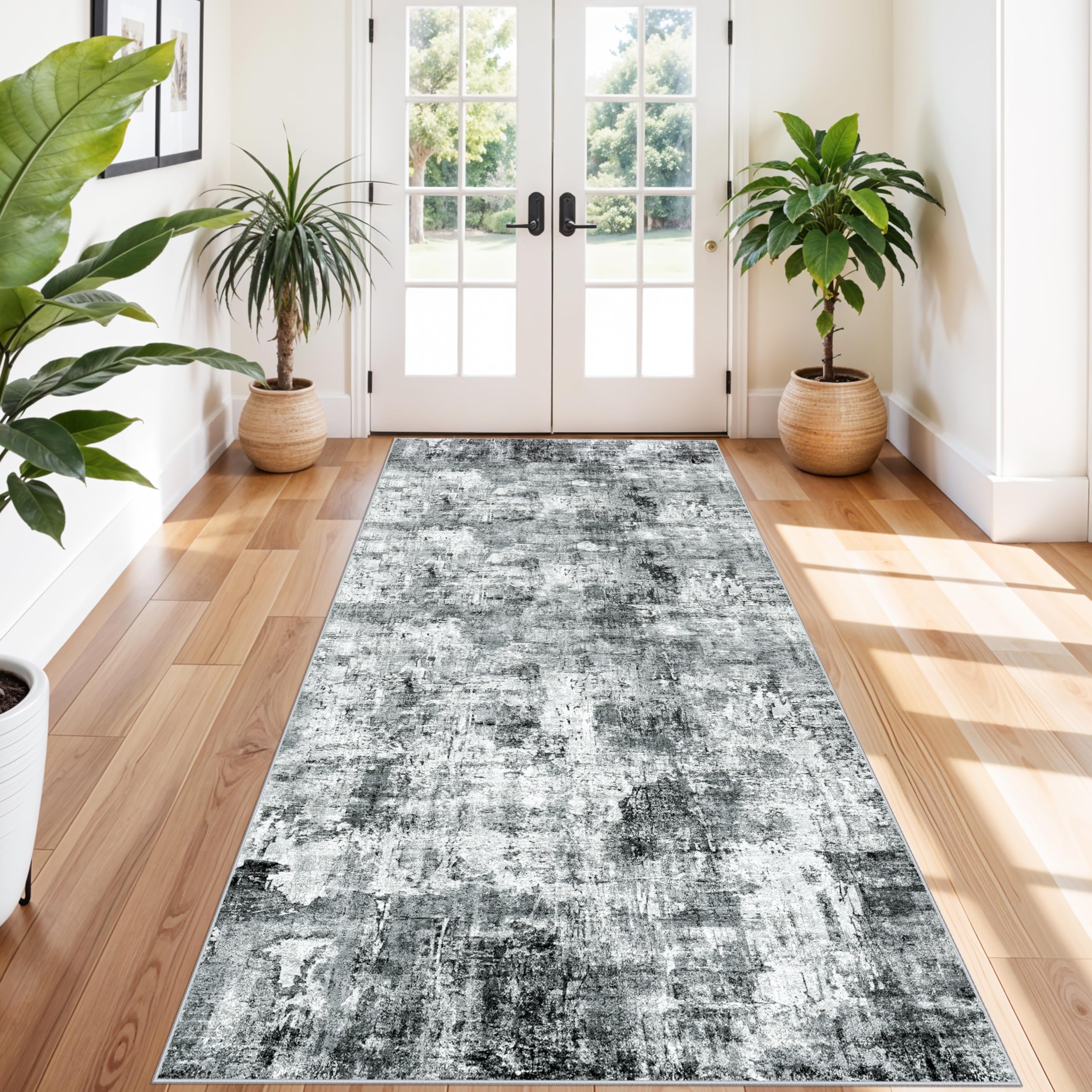 4x10 ft Extra Wide Hallway Rug – Non-Slip Washable Rubber-Backed Large Carpet Runner for Kitchen, Entryway | Modern Abstract, Low-Pile Thin Floor Mat for Bedroom Living Room Dining Room（Grey） — image 1
