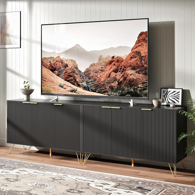 94.5 Inch Fluted TV Stand with 2 Storage Cabinets, Black丨Modern TV Stands, Entertainment Center with Adjustable Shelves & Gold Handles, Wood Media Console for Living Room