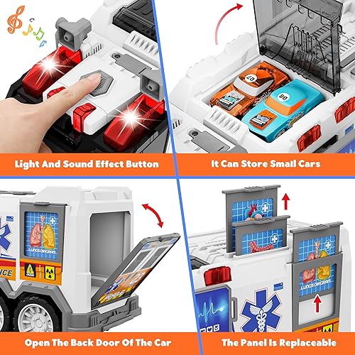 Miniatura 3 de Camión de juguete de ambulancia con sonido de efecto, incluye equipo CT, carro camilla, 2 autos de carreras de expulsión, regalos de cumpleaños para