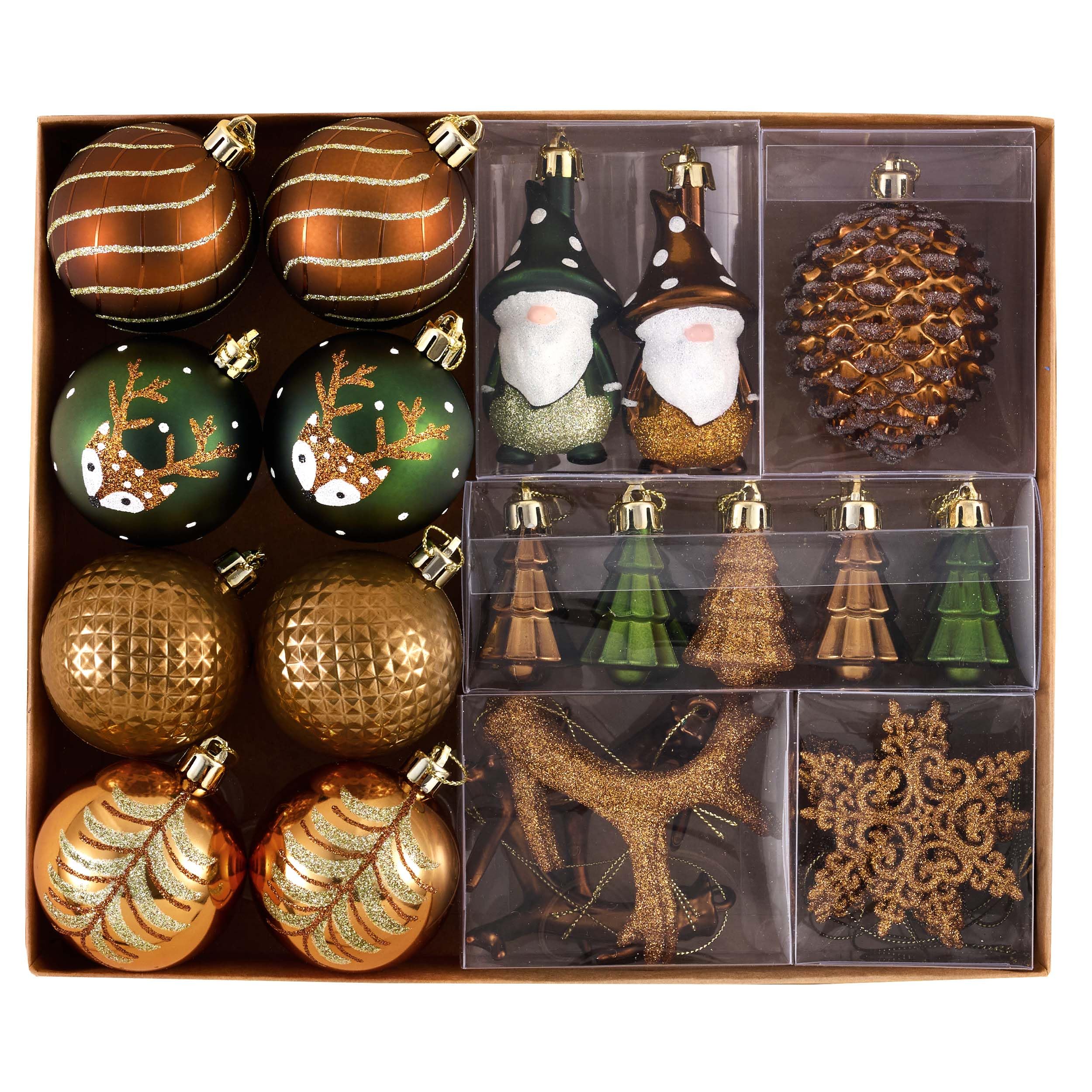 Valery Madelyn Weihnachtskugeln Set, 40pcs Christbaumkugeln Kunststoff Weihnachtskugel Bronze Weihnachtsdeko mit Geschenkpaket Aufhänger Weihnachtsbaumschmuck Waldland Thema(Bronze Grün)