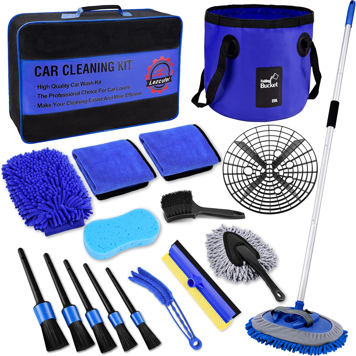 Lezcufer 17 PCS Car Wash Kit, 62" Car Wash Brush Mop with