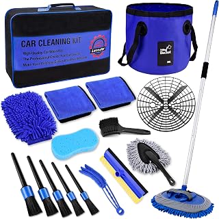 17 PCS Car Wash Kit, 62" Car Wash Brush Mop with Long Handle, Car Detailing Brush Set, Car Cleaning Kit, Car Wash Bucket with Dirt Trap, Complete Car Cleaning Supplies Interior, Blue