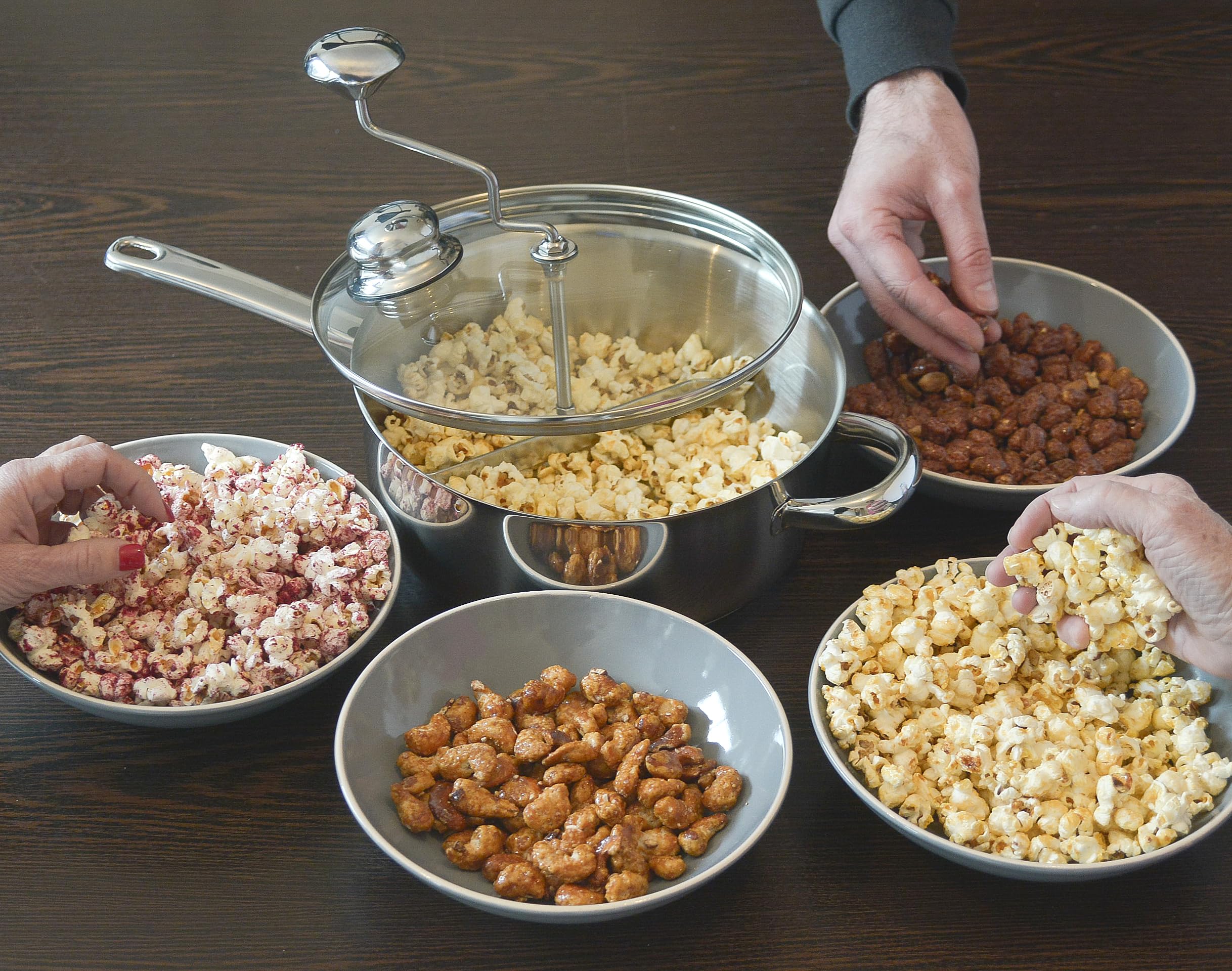 Artame ART20950, maszyna do popcornu, patelnia do popcornu z przezroczystą pokrywką i korbą, uchwyt odporny na wysokie temperatury, wszystkie palniki z indukcją, Ø 24 cm, stal nierdzewna