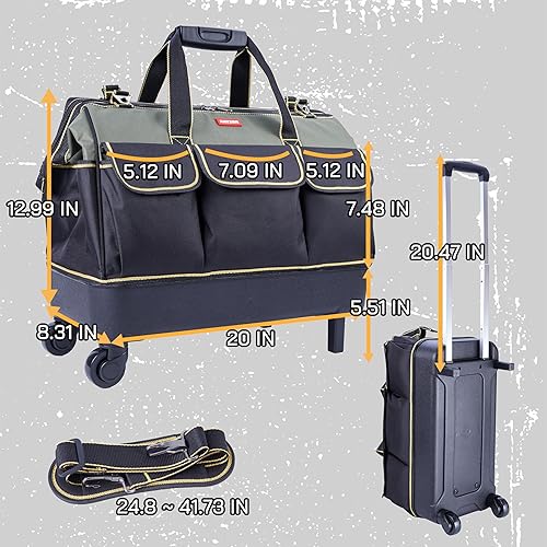 Miniatura 5 de Bolsa de herramientas rodante con ruedas para electricista HVAC, organizador de bolsa de herramientas, barra de tracción oculta, parte inferior de