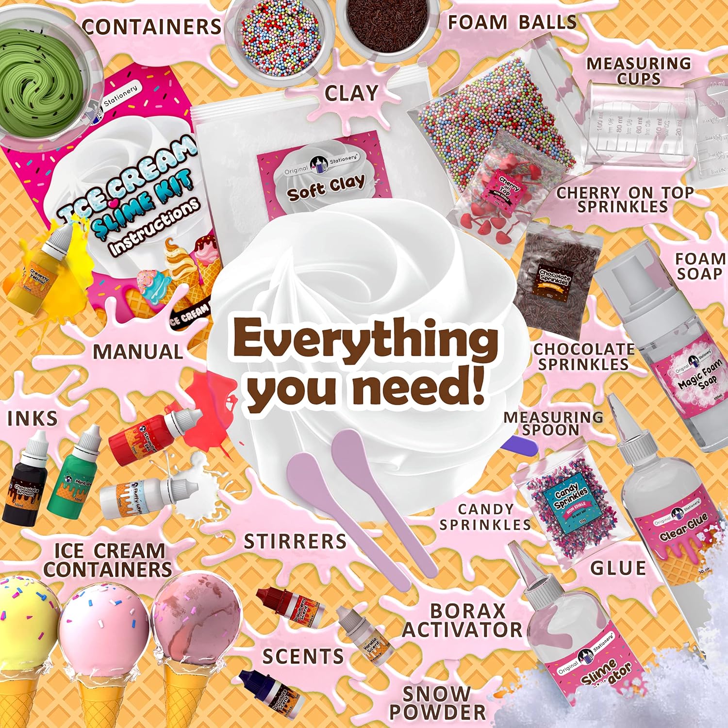 Original Stationery Fluffy Slime Kit for Girls Everything in One Box to Make Ice Cream Slimes, Make Fluffy, Butter, Cloud & Foam Slimes! : Toys & Games