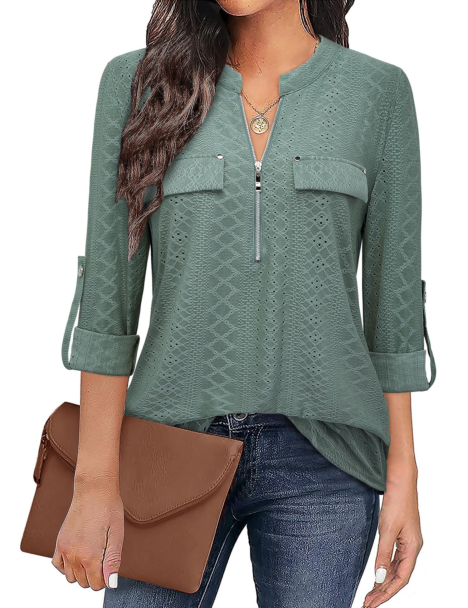 Bulotus Women's Zip Front V-Neck 3/4 Length Sleeve Womens Tops Business Casual Shirts