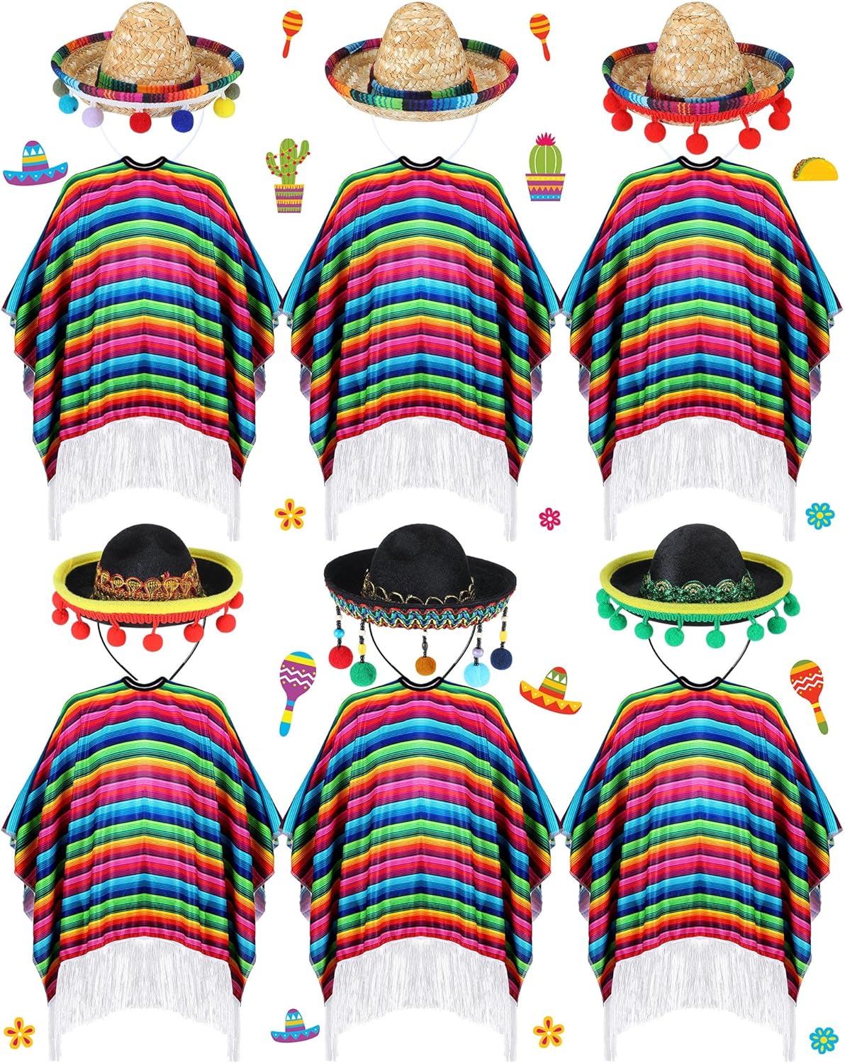 Juego de 12 piezas de poncho y sombrero mexicanos del Cinco de Mayo para adultos, poncho de serape para fiesta mexicana con sombrero de paja,