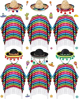 12 Pcs Halloween Adult Cinco De Mayo Mexican Poncho and Sombrero Set, Mexican Fiesta Serape Poncho with Straw Sombrero Headbands Costume for Festive Party Celebrations Favor, 52 x 63 Inch