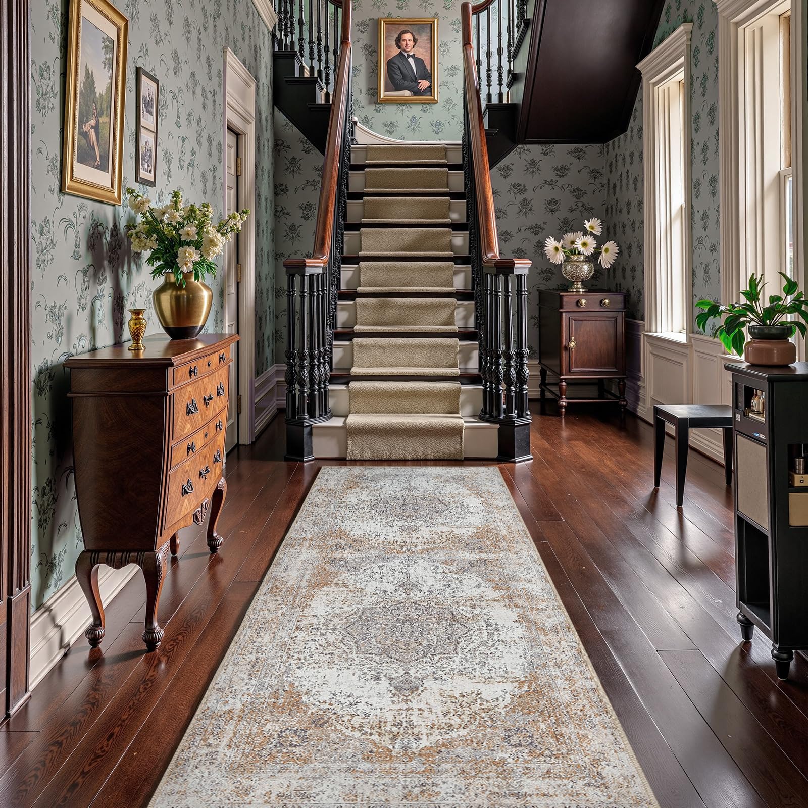 jinchan Alfombra de pasillo de 3 x 10 pies, alfombra persa vintage envejecida, alfombra de cocina, color gris pardo, alfombra delgada tradicional con estampado floral, alfombra antideslizante para