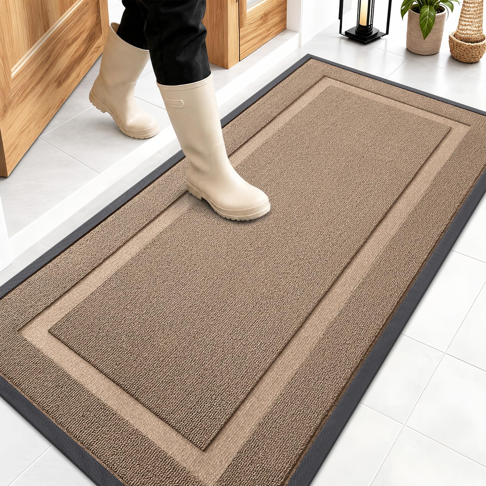 OLANLY Front Door Mat Outside 47x23, All-Season Heavy-Duty Rubber Doormat | Mocha, Absorbent, Stain and Fade Resistant, Waterproof Non-Slip Backing, Low-Profile Indoor Outdoor Floor Mat for Entryway