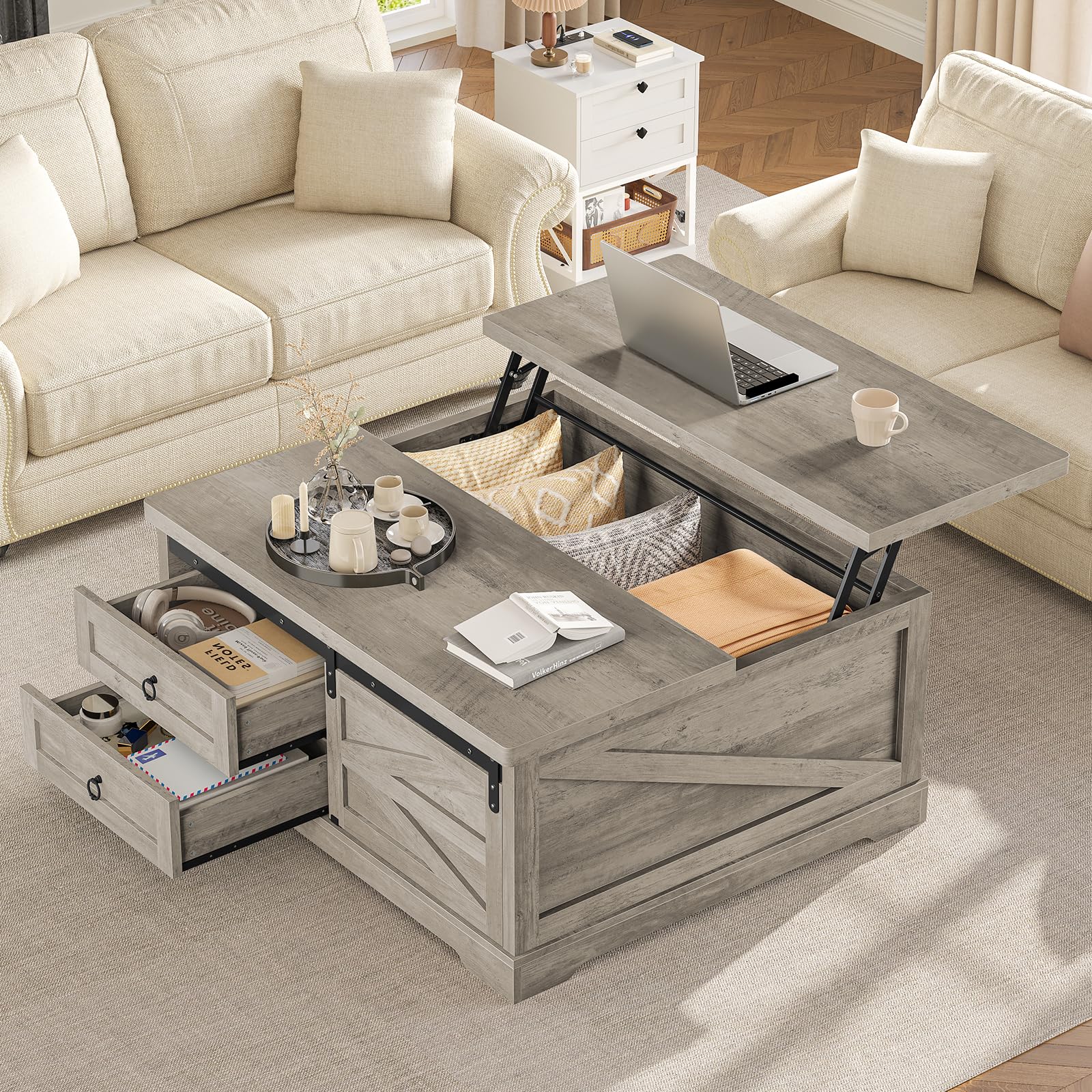 Itaar 39.4'' Lift Top Coffee Table with Storage, Farmhouse Coffee Tables for Living Room, Square Coffee Table with Large Hodden Compartment & 2 Drawrs