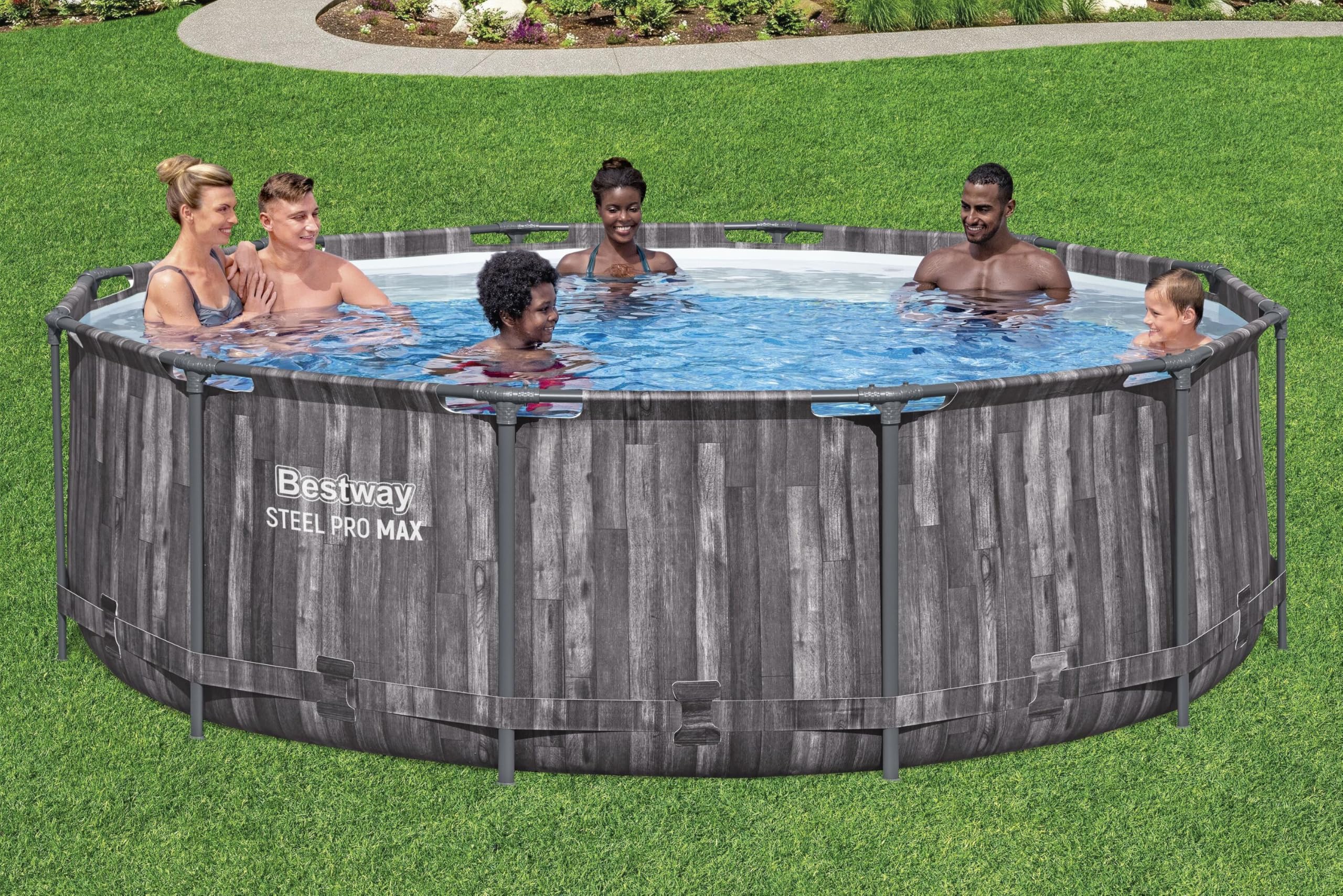 Bestway Steel Pro MAX Solo Pool ohne Zubehör 366 x 100 cm, Holz-Optik (Mooreiche), rund