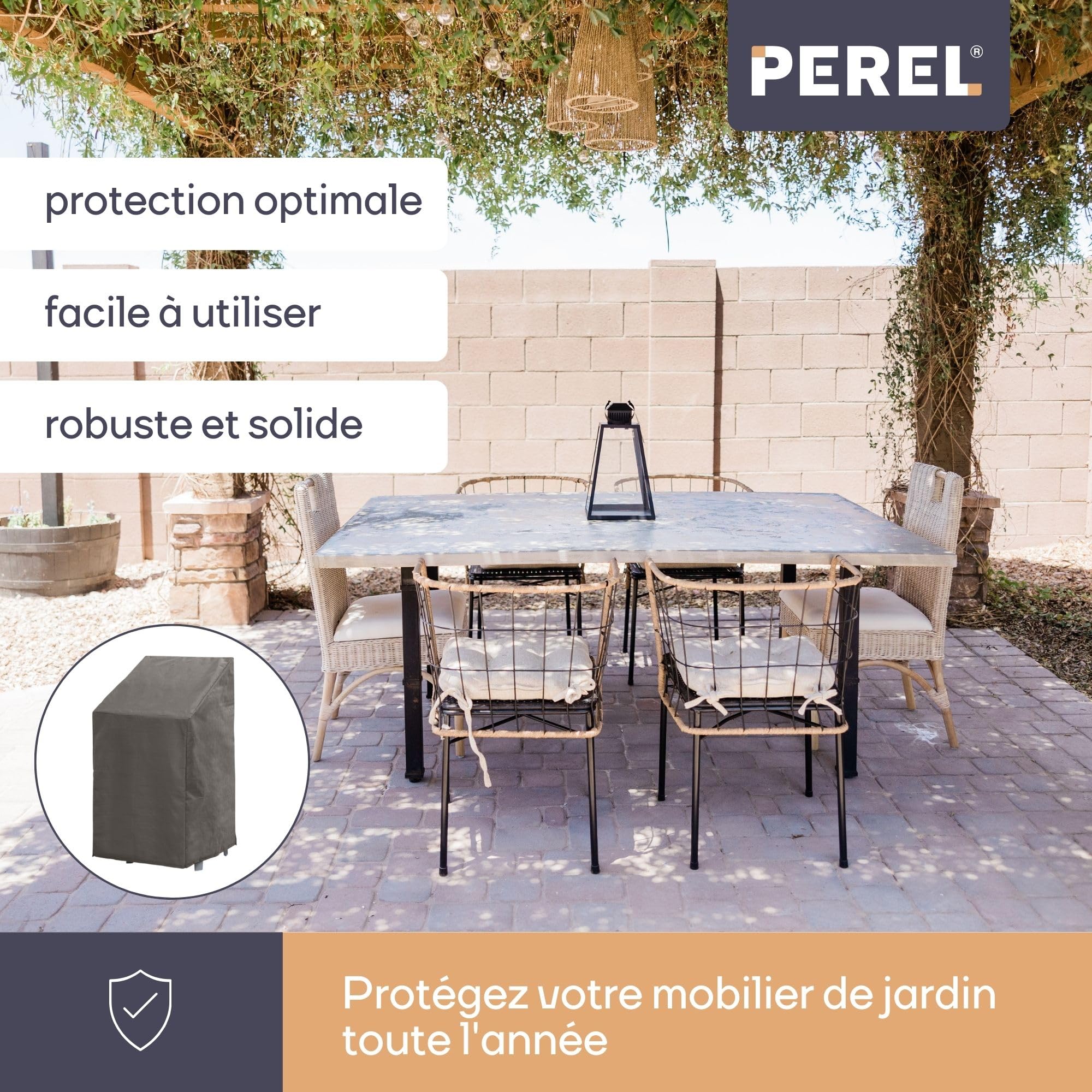 Perel Housse pour chaises empilables 66 x 95 x 133 cm, résistante à l’Eau et aux UV, Housse Solide pour 4–6 chaises, Tissu Respirant, idéale pour Une Utilisation extérieure
