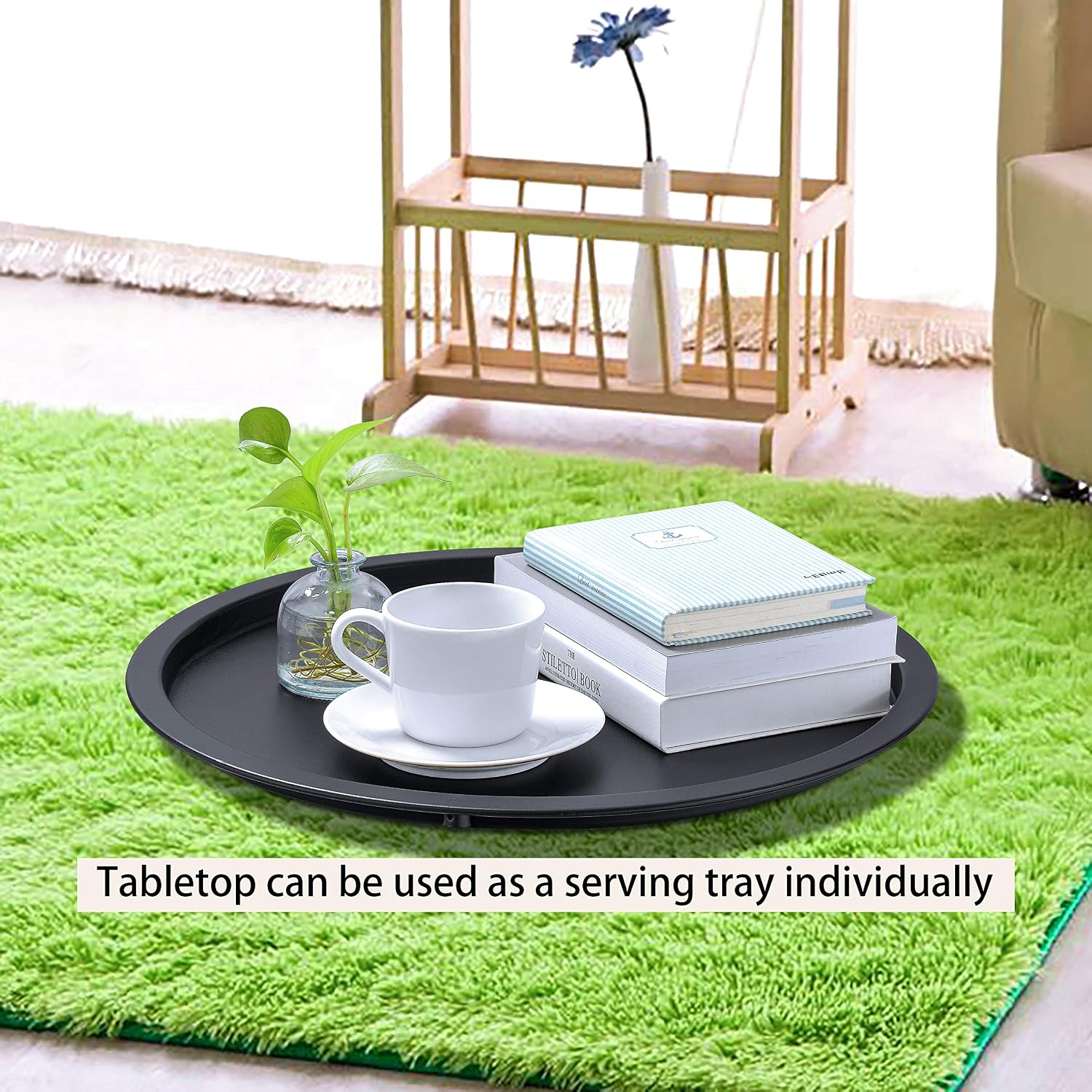 Finnhomy Folding Tray Side Table, Metal Side Table, Sofa End Table, Snack Round Table, Accent Coffee Table,Night Stands, Anti-Rust and Waterproof, Multi-use for Living Room/Bedroom/Balcony, Black