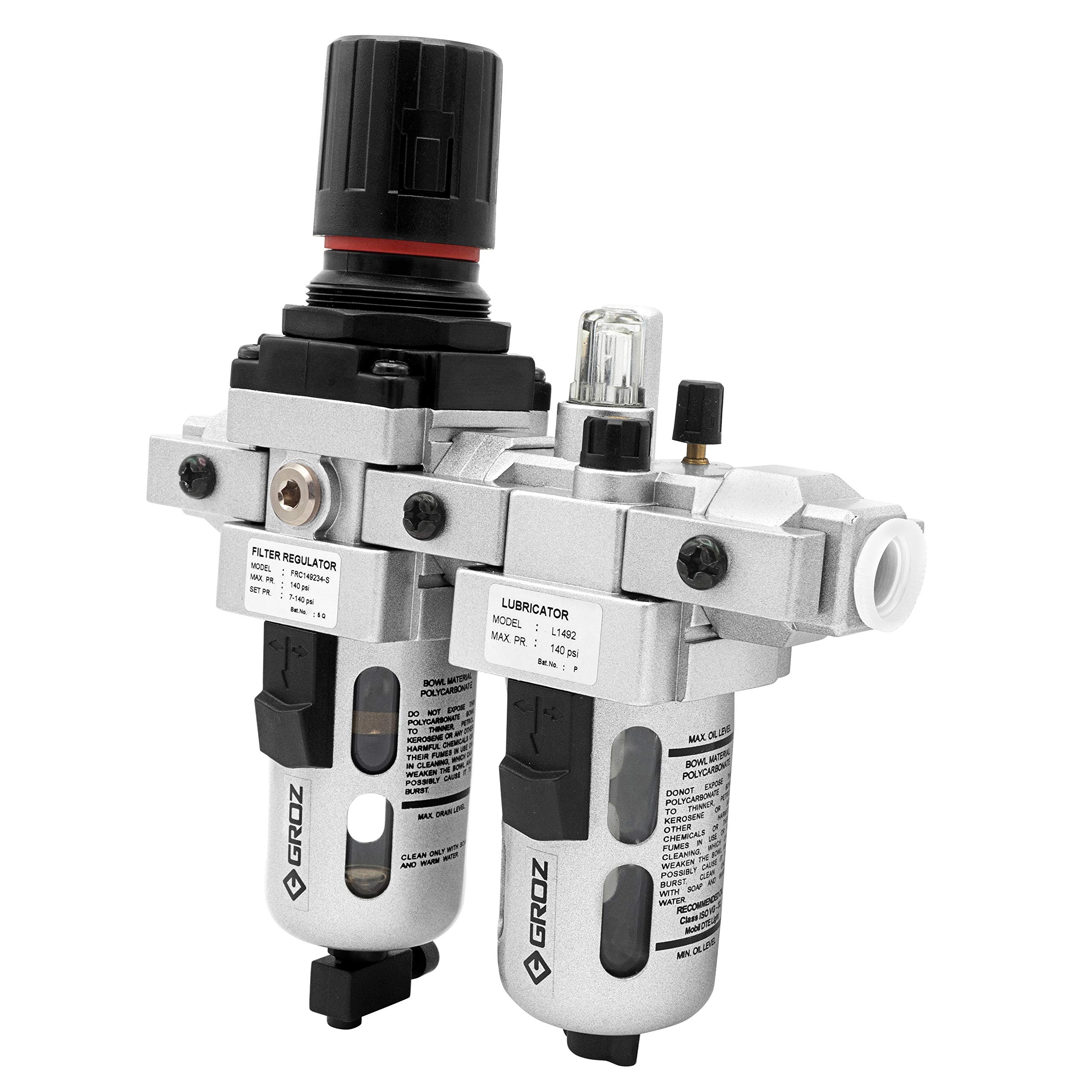 Groz 60451 – Filtro de aire regulador combinación y lubricante, – MODULAR 2 piezas, policarbonato), Intermediate – 3/8 "NPT