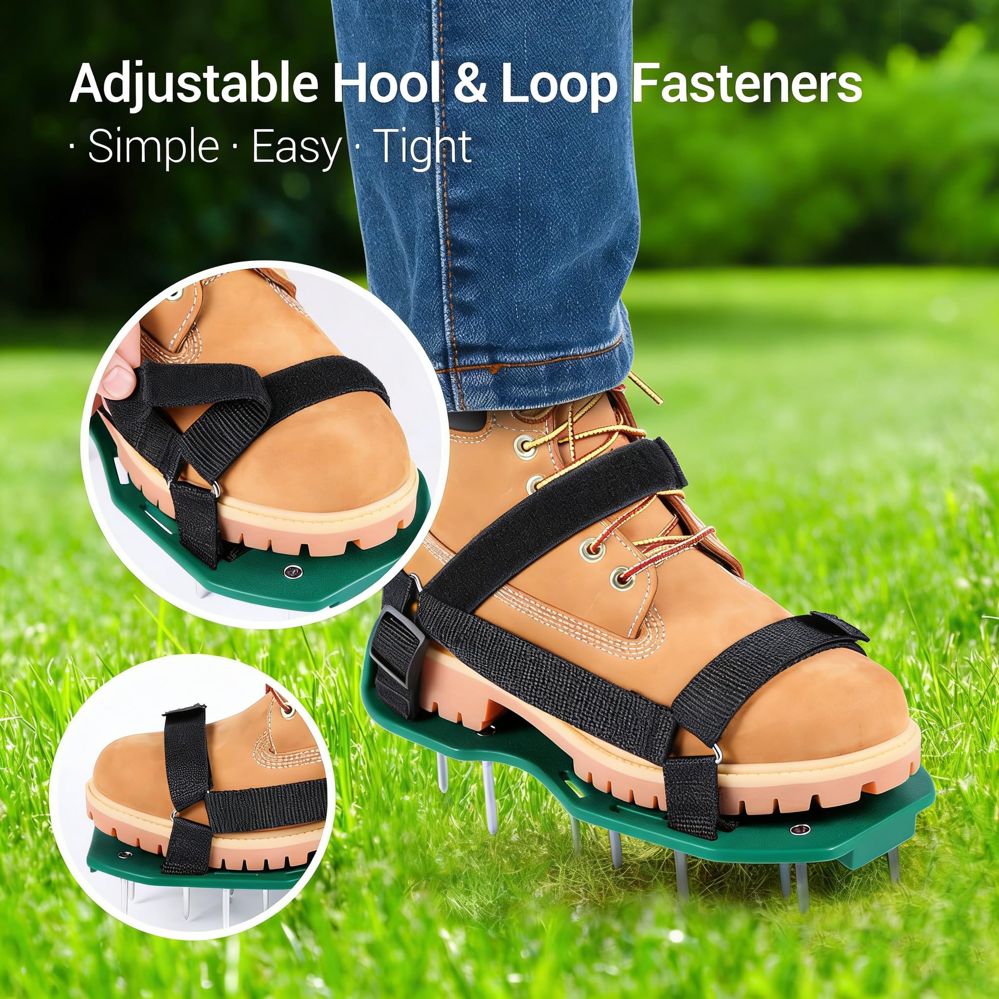 Lawn Aerator Shoes, Upgrade 2''Heavy Duty Spike Shoes with Hook&Loop Straps, Free-Installation Grass Aerator Lawn Tool One Size Fits All Spiked Sandals for Yard Patio Garden Grass (Green) — view 5