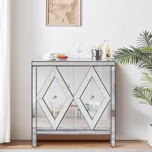 SSLine Armario de almacenamiento con espejo, moderna mesa consola de buffet con forma de diamante, puerta de espejo decorativa para entrada, sala de