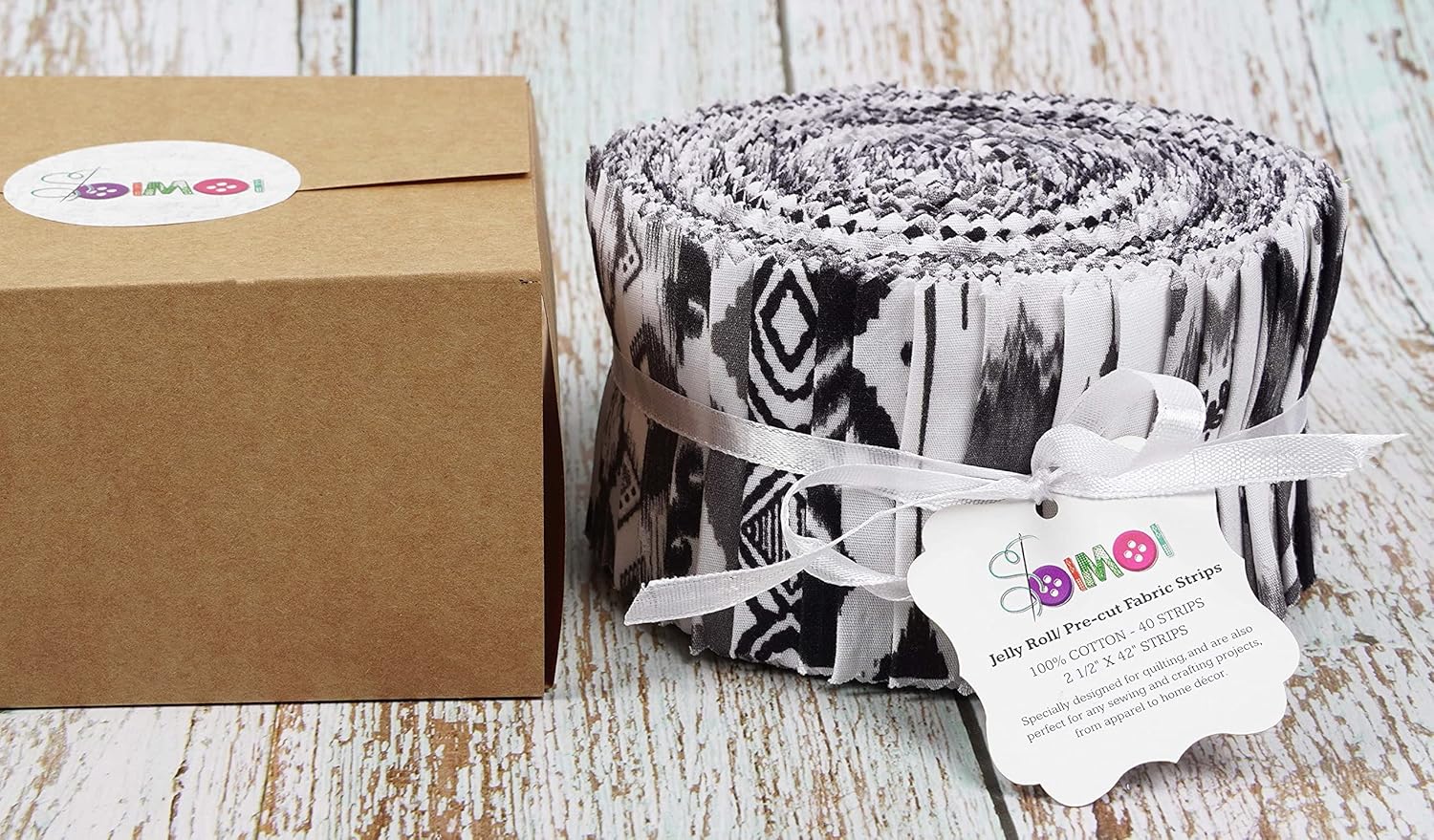 Soimoi White Jelly Roll 40 Strip Assorted Bundle, Fabric Strips for Quilting, Crafting, 100% Cotton Fabric Jelly Roll Bundle for Scrapbooking, Precut Quilt Projects, and DIY Crafts - Ikat Print