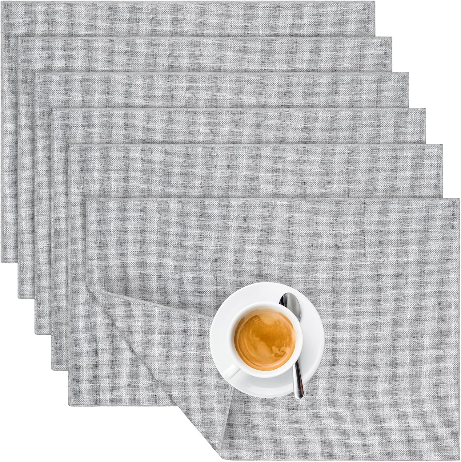 Ruisita 6 Pack Cotton Linen Placemats Double Layer Heat Resistant Placemats Table Placemats 18.5 x 13 Inches Kitchen Dining Table Placemats for Kitchen Table, Light Grey
