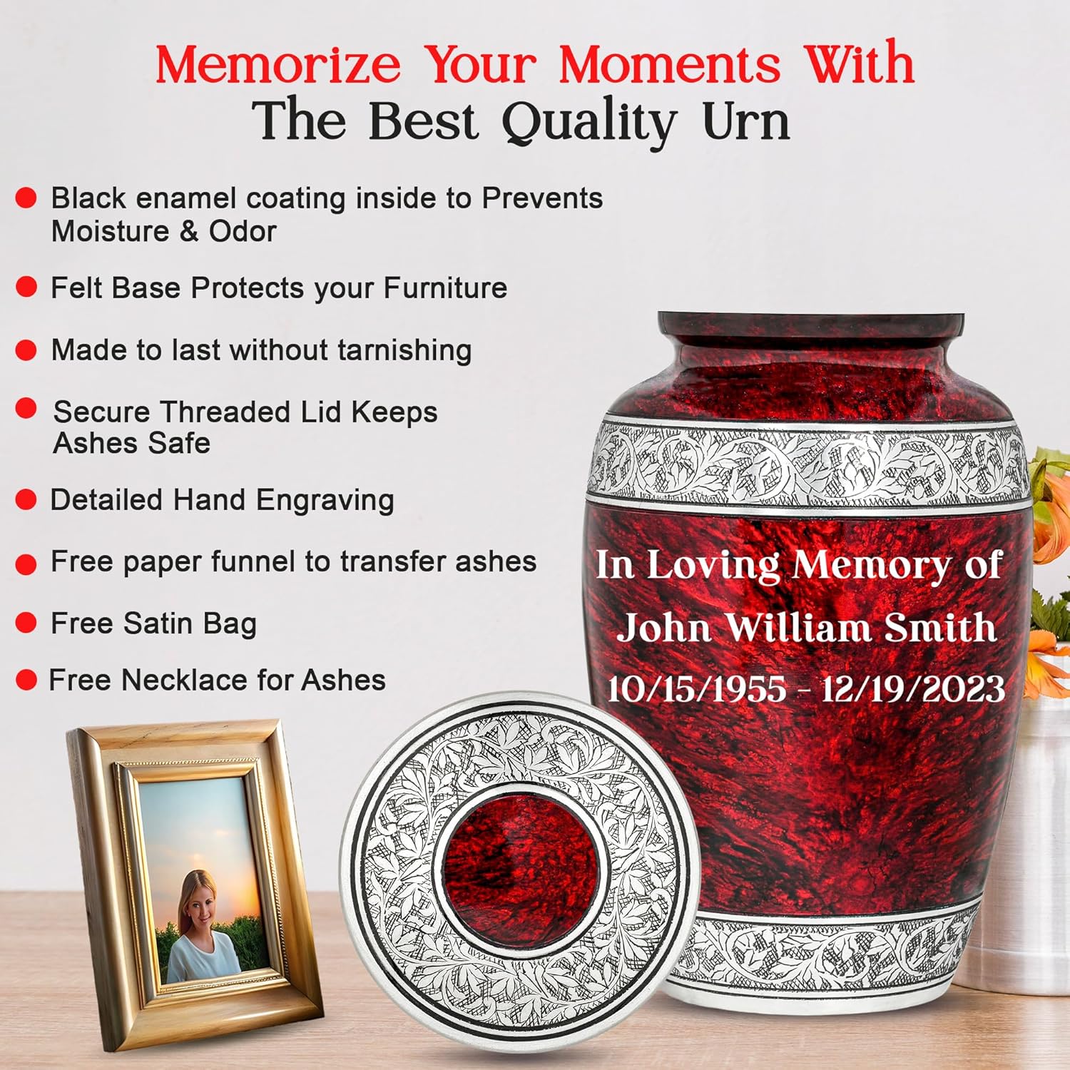 Personalized Urns for Human Ashes Adult Female & Male with an Ash Necklace | Elegant Burial & Cremation Urns for Men & Women | Decorative Memorial Funeral Urn (Red, Large, Marble Finish)
